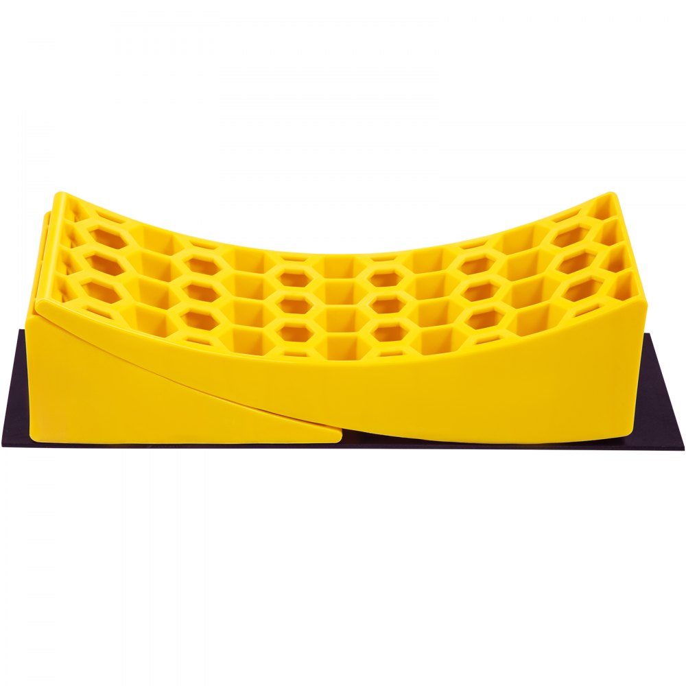 Nivelador para caravana VEVOR amarillo con patrón de panal, vista lateral sobre fondo blanco.