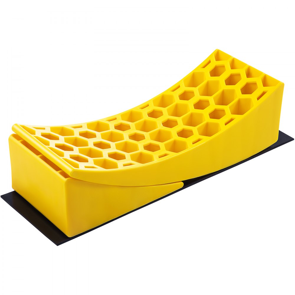 Nivelador para caravana VEVOR de color amarillo con diseño de panal sobre fondo blanco.