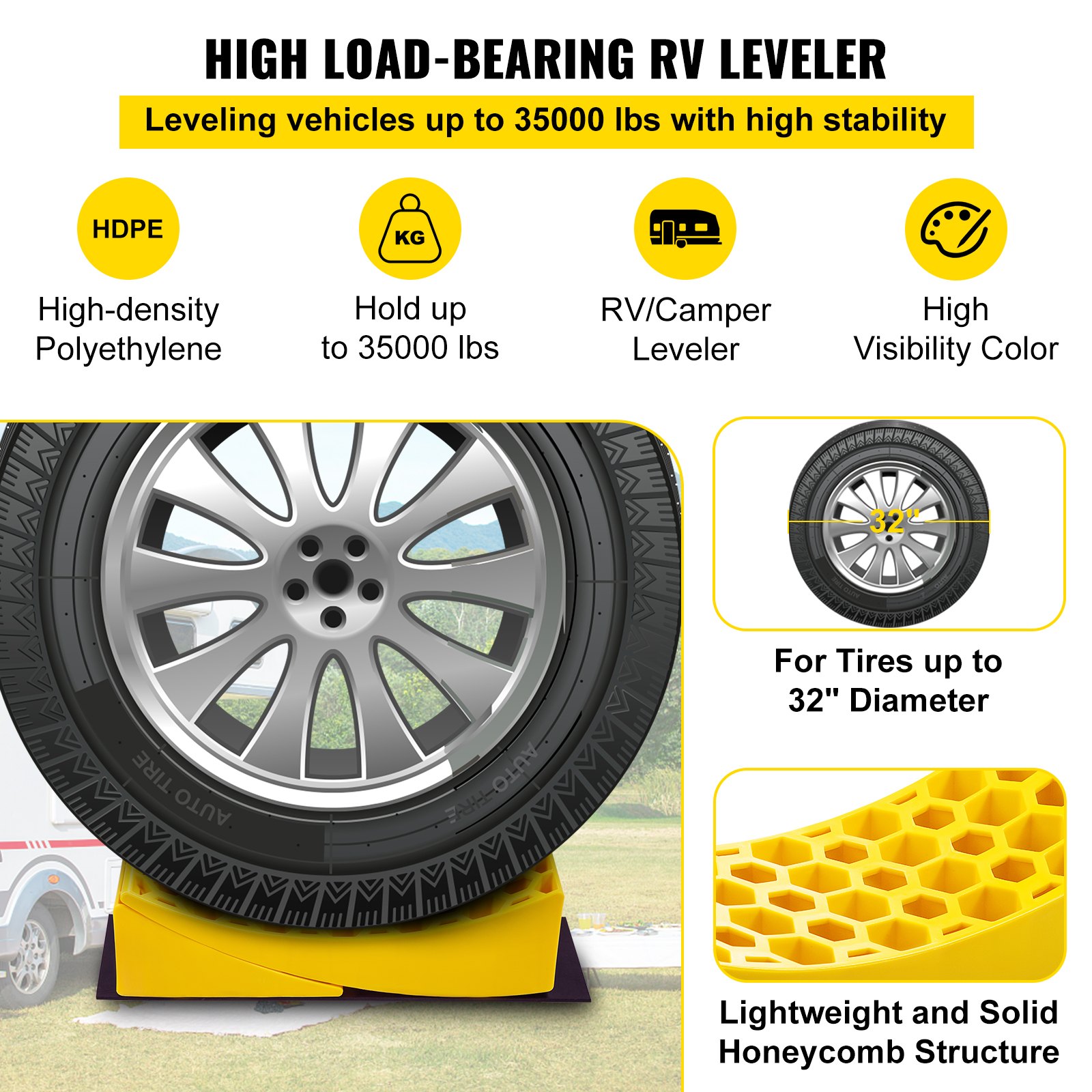 Nivelador de caravana VEVOR para neumáticos de hasta 32&quot;, soporta hasta 35000 libras, color de alta visibilidad.