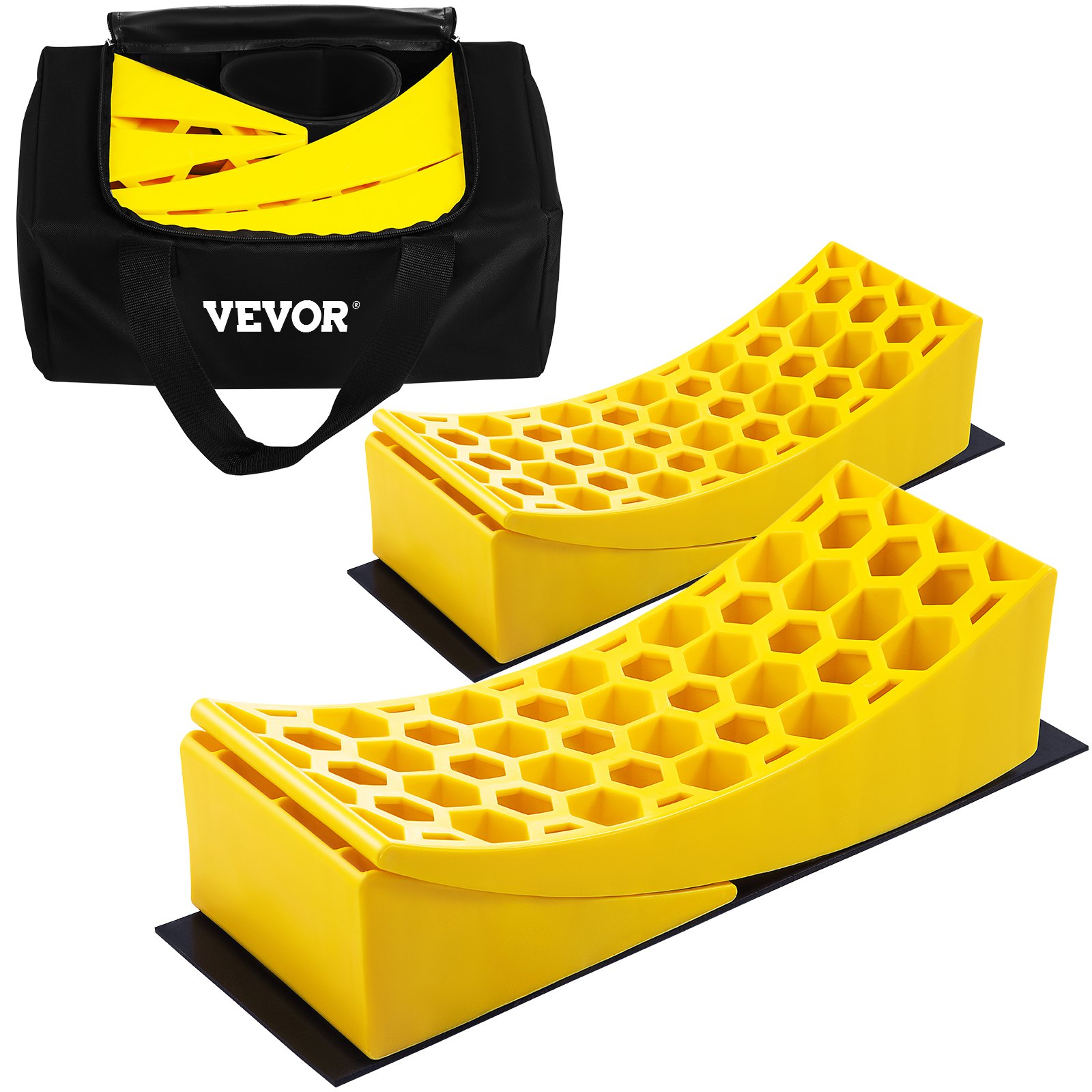 Nivelador para caravana VEVOR amarillo sobre estuche de transporte negro, con diseño de panal.