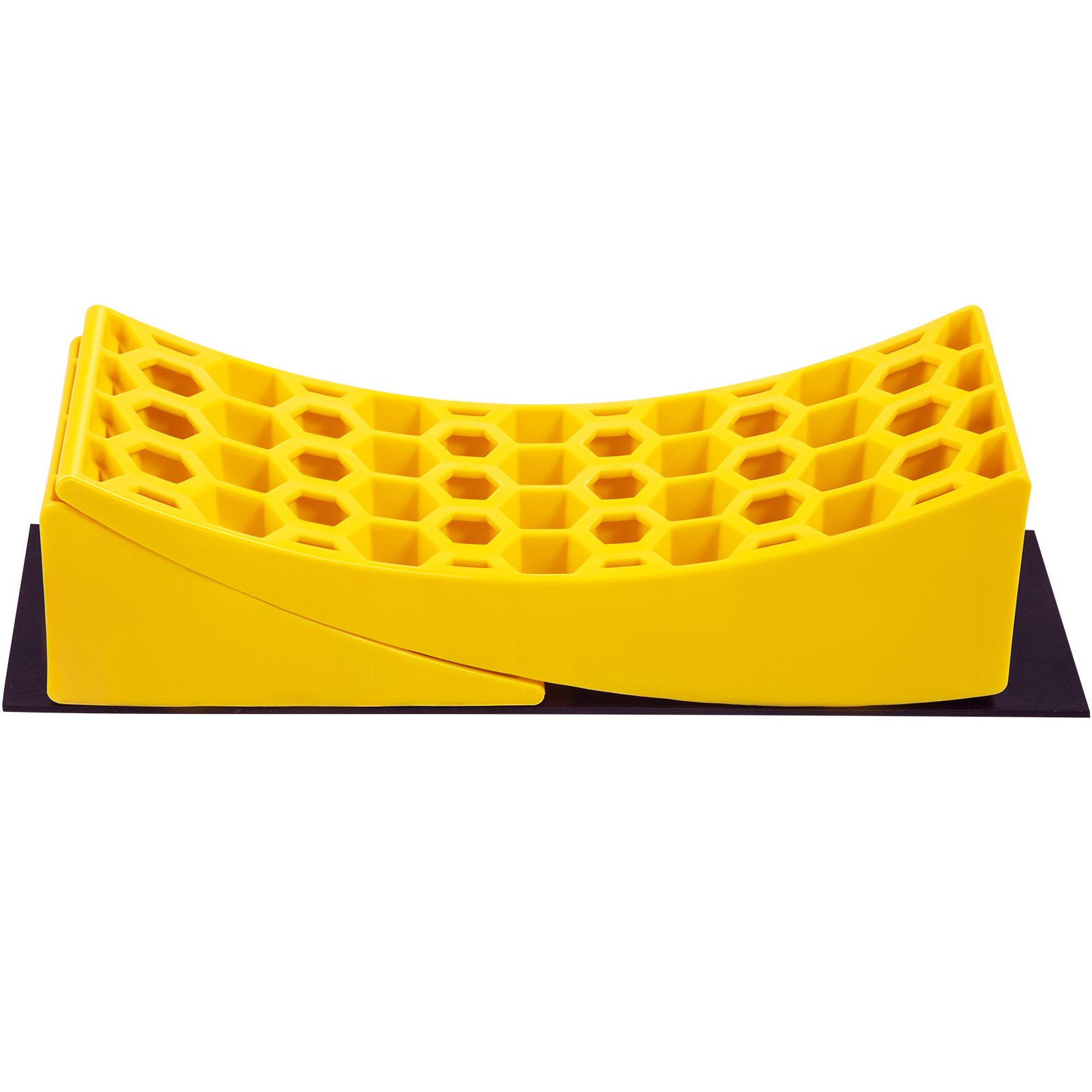 Nivelador para caravana VEVOR amarillo con patrón de panal, vista lateral sobre fondo blanco.