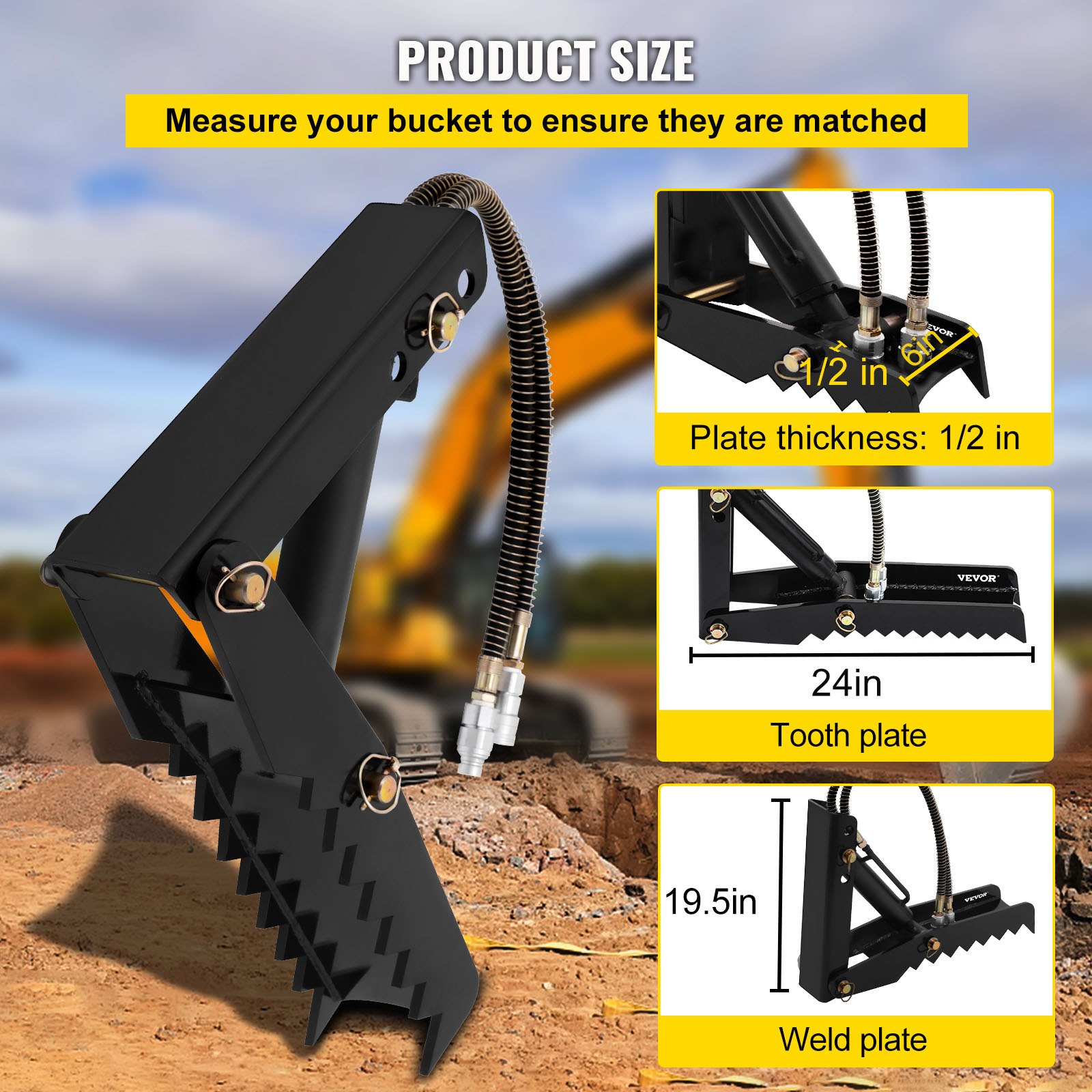 Especificaciones de accesorios de pulgar para retroexcavadora hidráulica VEVOR en negro contra un sitio de construcción.