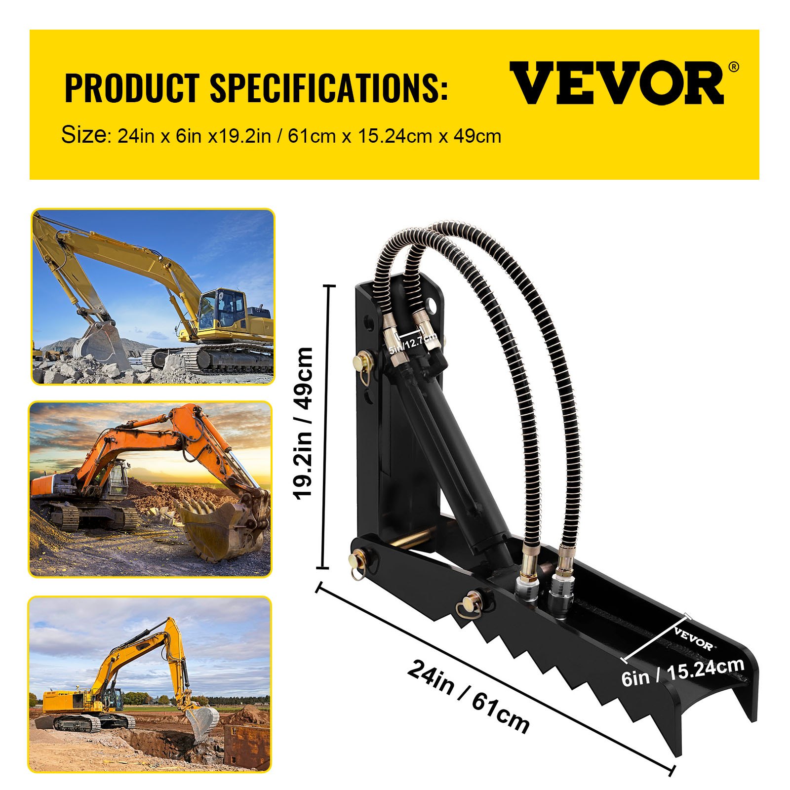 Accesorios para retroexcavadoras hidráulicas VEVOR con especificaciones de producto e imágenes de excavadoras