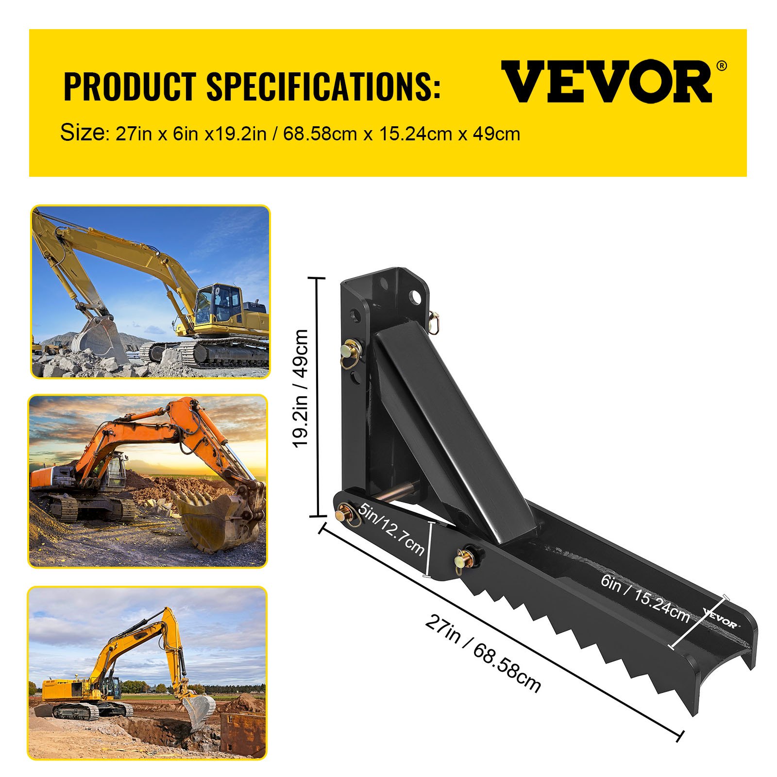 Pulgar de retroexcavadora VEVOR con dimensiones y aplicaciones de excavadora.