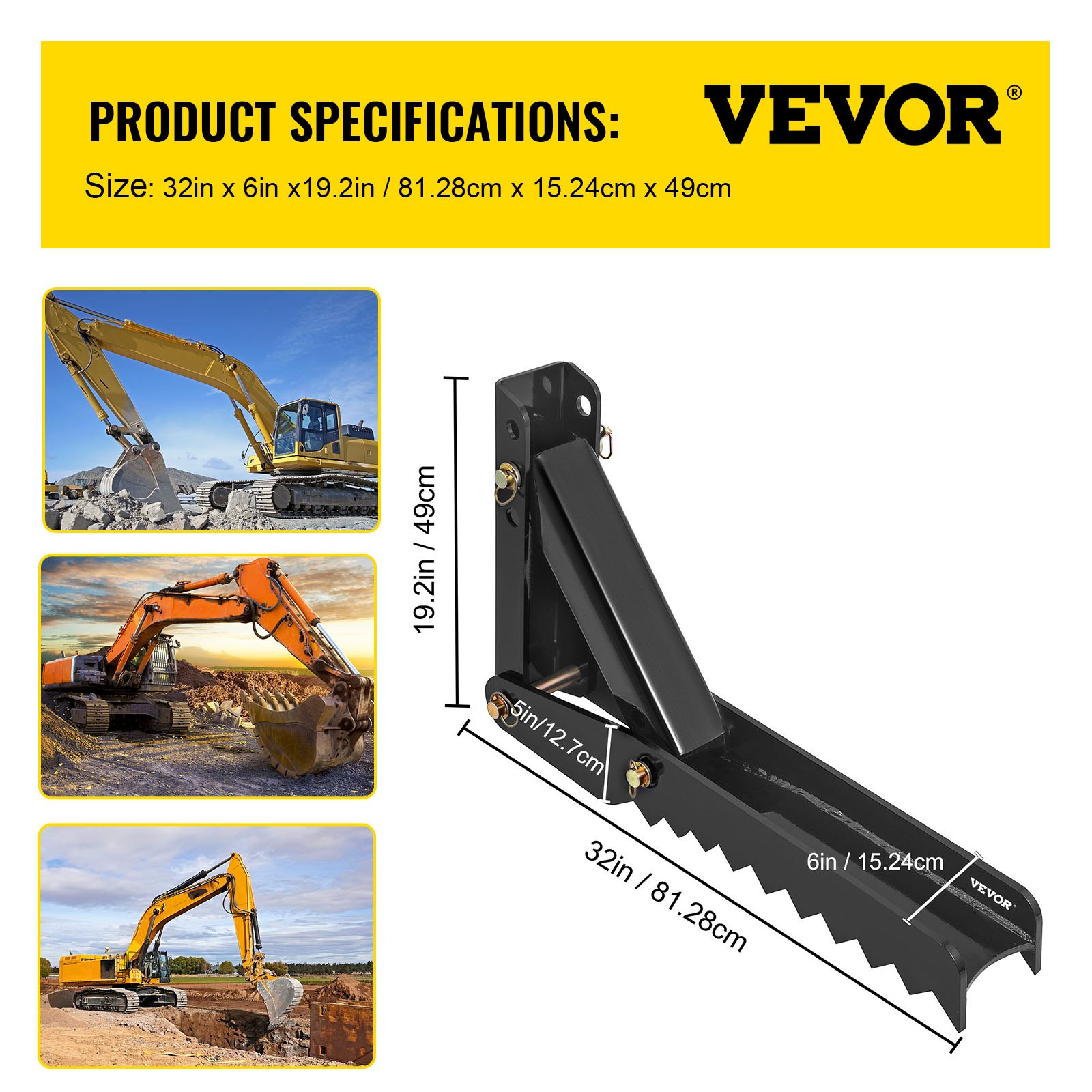 Accesorio de pulgar para excavadora VEVOR con especificaciones de producto e imágenes de excavadoras.
