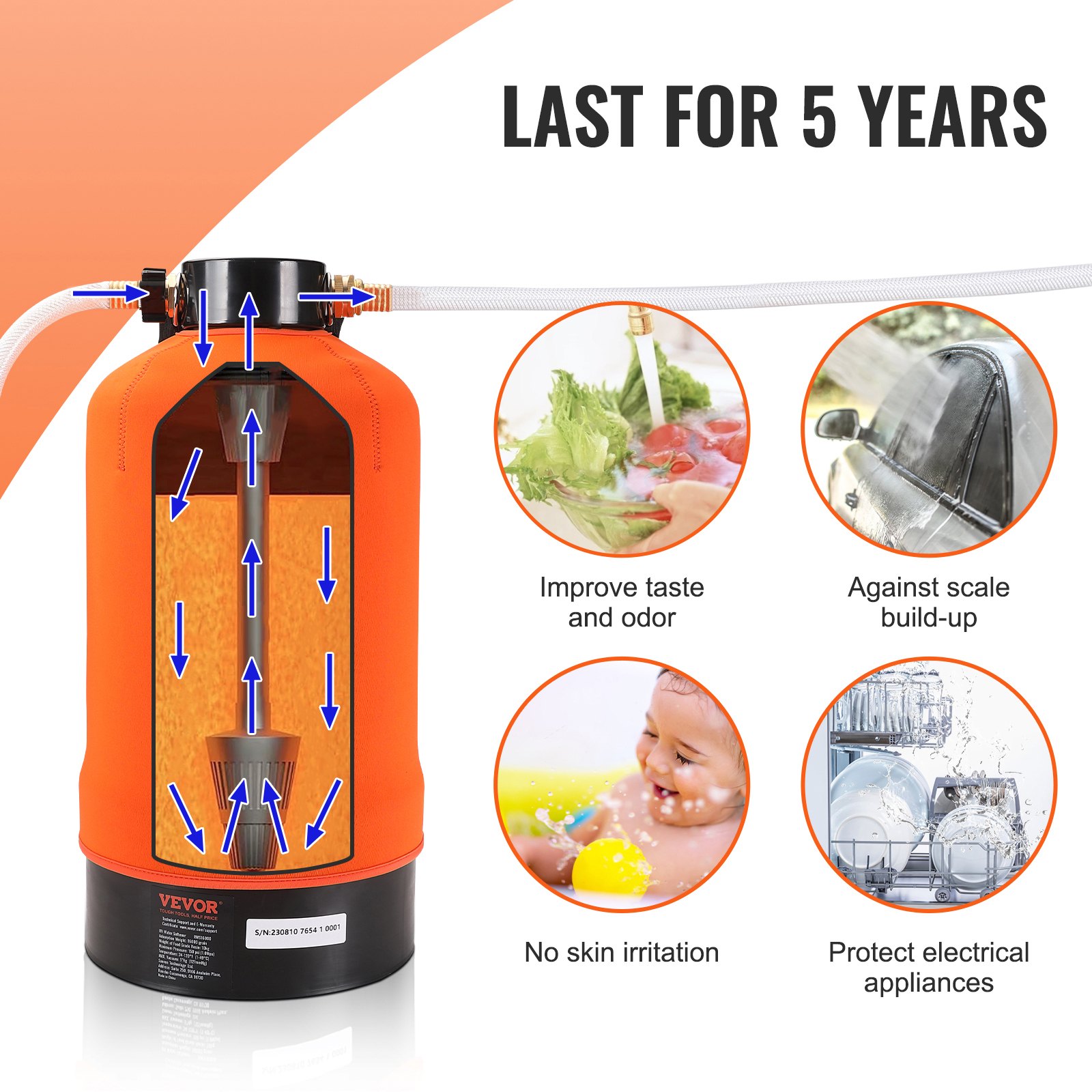 Descalcificador de agua VEVOR para vehículos recreativos, portátil, de 16 000 granos, con accesorios de latón de 19 mm y manguera de 107 cm. Sistema de filtrado para suavizar aguas duras, ideal para vehículos recreativos, remolques, embarcaciones, lavado de vehículos a domicilio y lavado a presión.