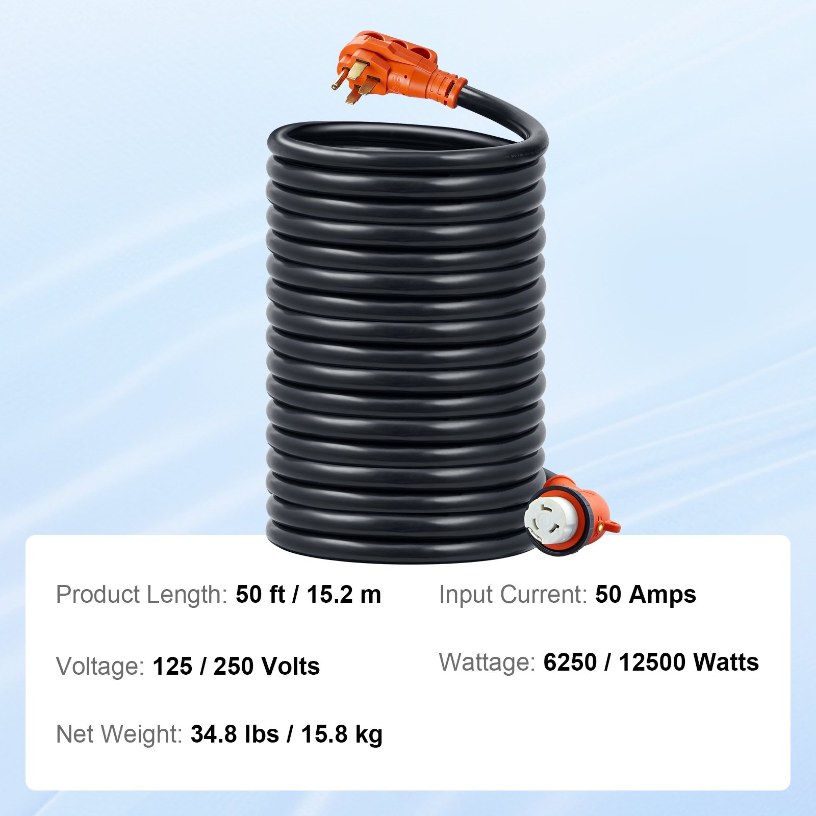 VEVOR Cable de alimentación para RV de 15 m (50 pies), 50 A, resistente, STW 6/3 + 8/1, para generador, enchufe macho NEMA 14-50P, hembra NEMA SS2-50R, con indicador LED, adaptador de 15 A, para RV, generadores, autocaravanas, homologado por ETL.