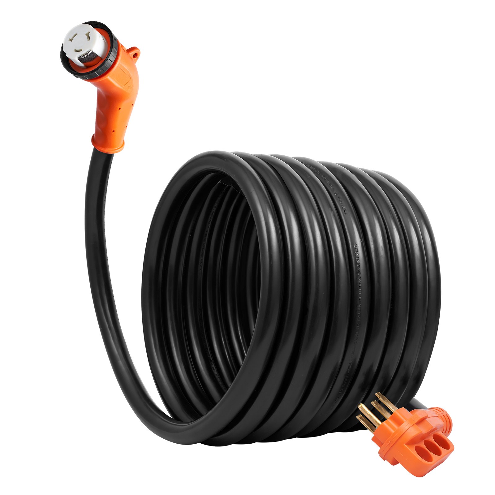Cable de alimentación para vehículos recreativos VEVOR negro enrollado con conectores naranjas, que presenta una construcción robusta y flexible.