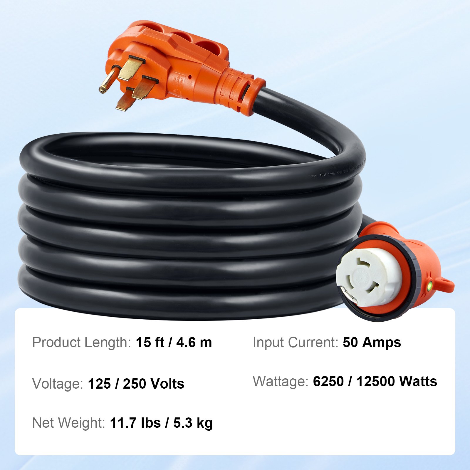 Cable de alimentación para vehículos recreativos VEVOR en color naranja y negro, 15 pies de largo, 50 amperios, 125/250 voltios, 6250/12500 vatios.