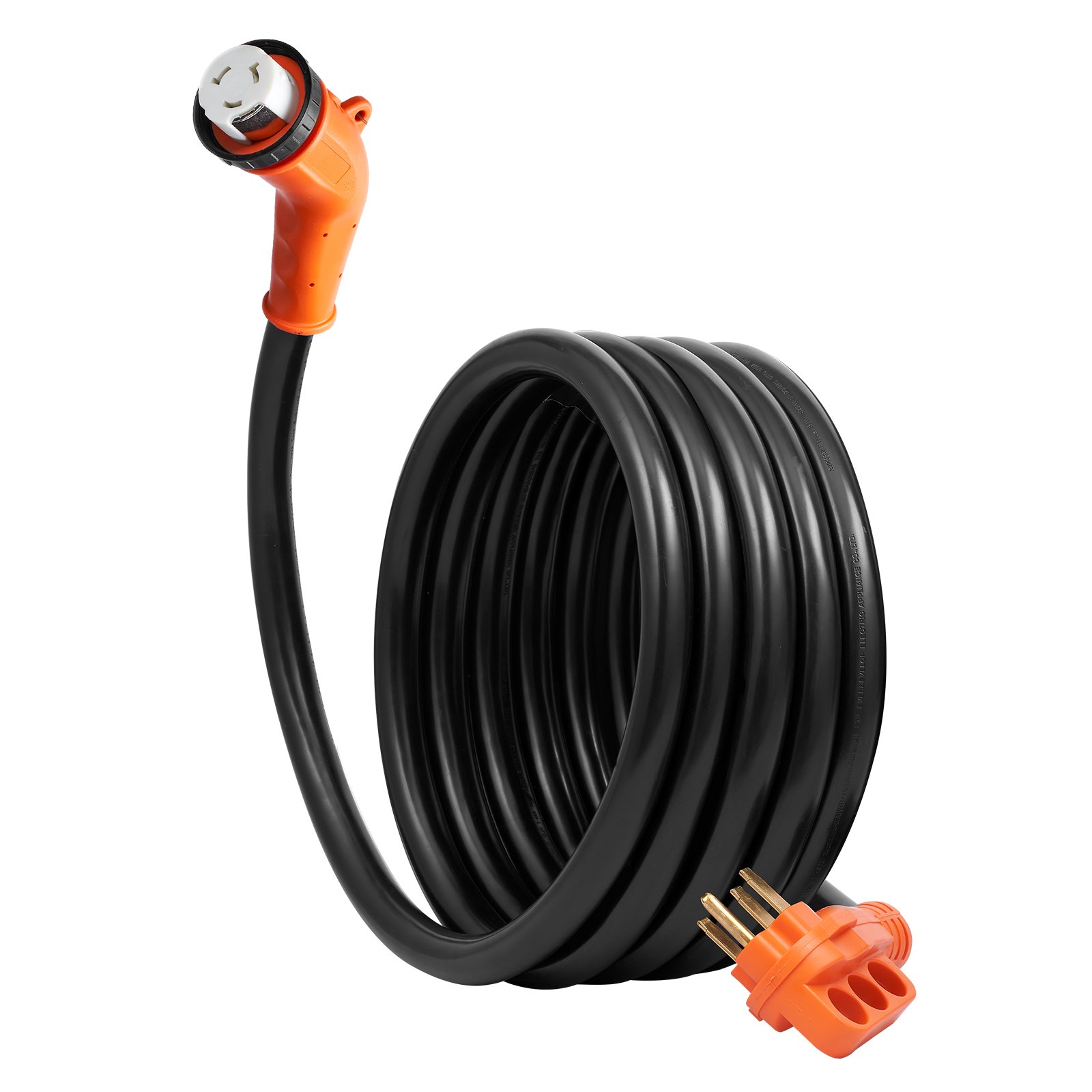 Cable de alimentación VEVOR RV negro enrollado con conectores naranjas en ambos extremos.