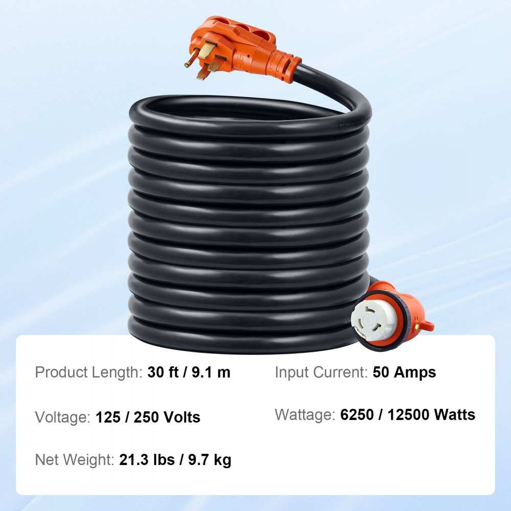 Cable de alimentación VEVOR rv 50 A, cable negro de 30 pies, enchufe naranja, caja de datos que muestra las especificaciones, sobre fondo azul claro.