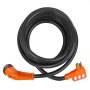 Cable de alimentación VEVOR rv de 50 A en color negro, enrollado con extremos de enchufe y toma de color naranja.