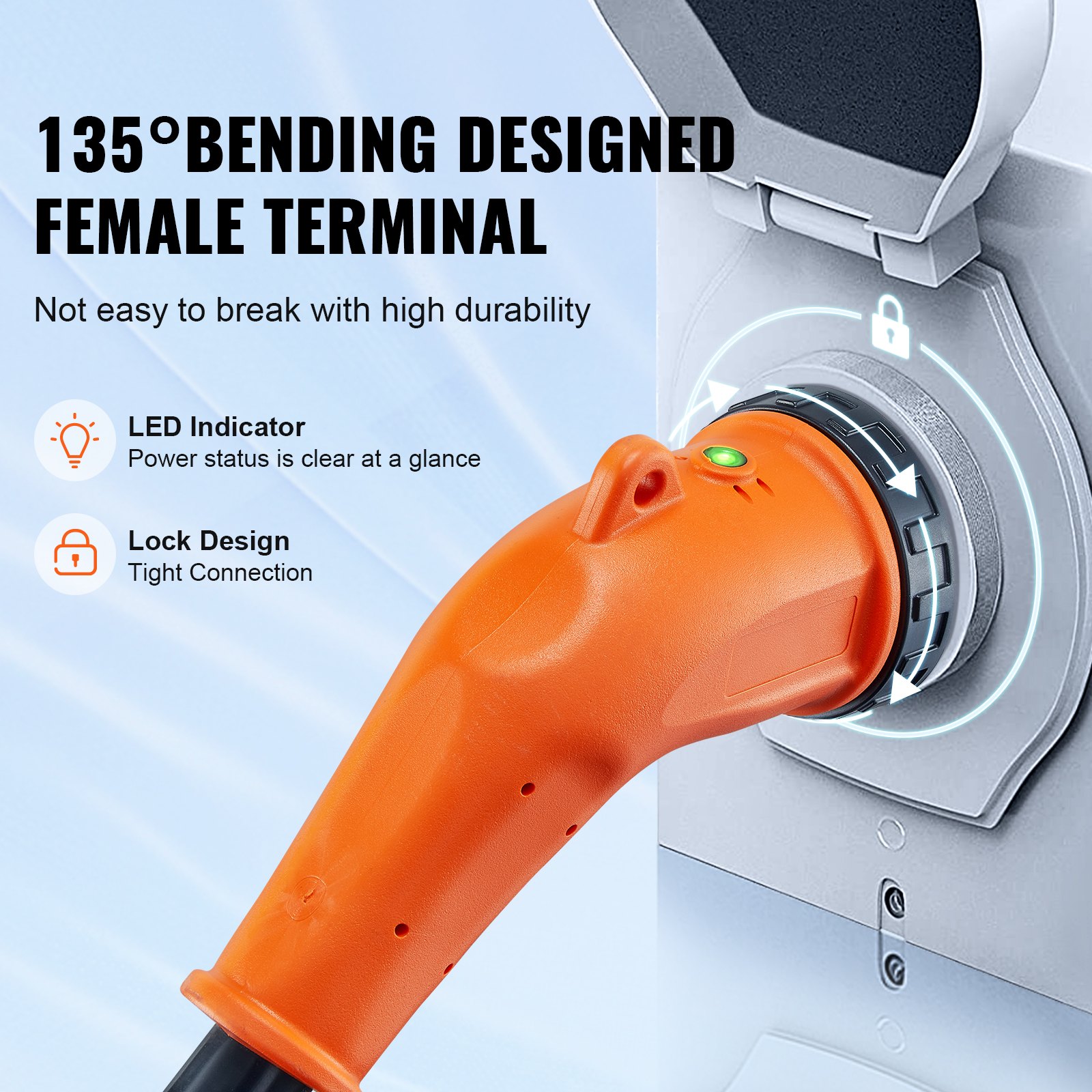 Cable de alimentación VEVOR RV de 50 A con terminal hembra de curvatura de 135°, indicador LED y diseño de bloqueo para mayor durabilidad.