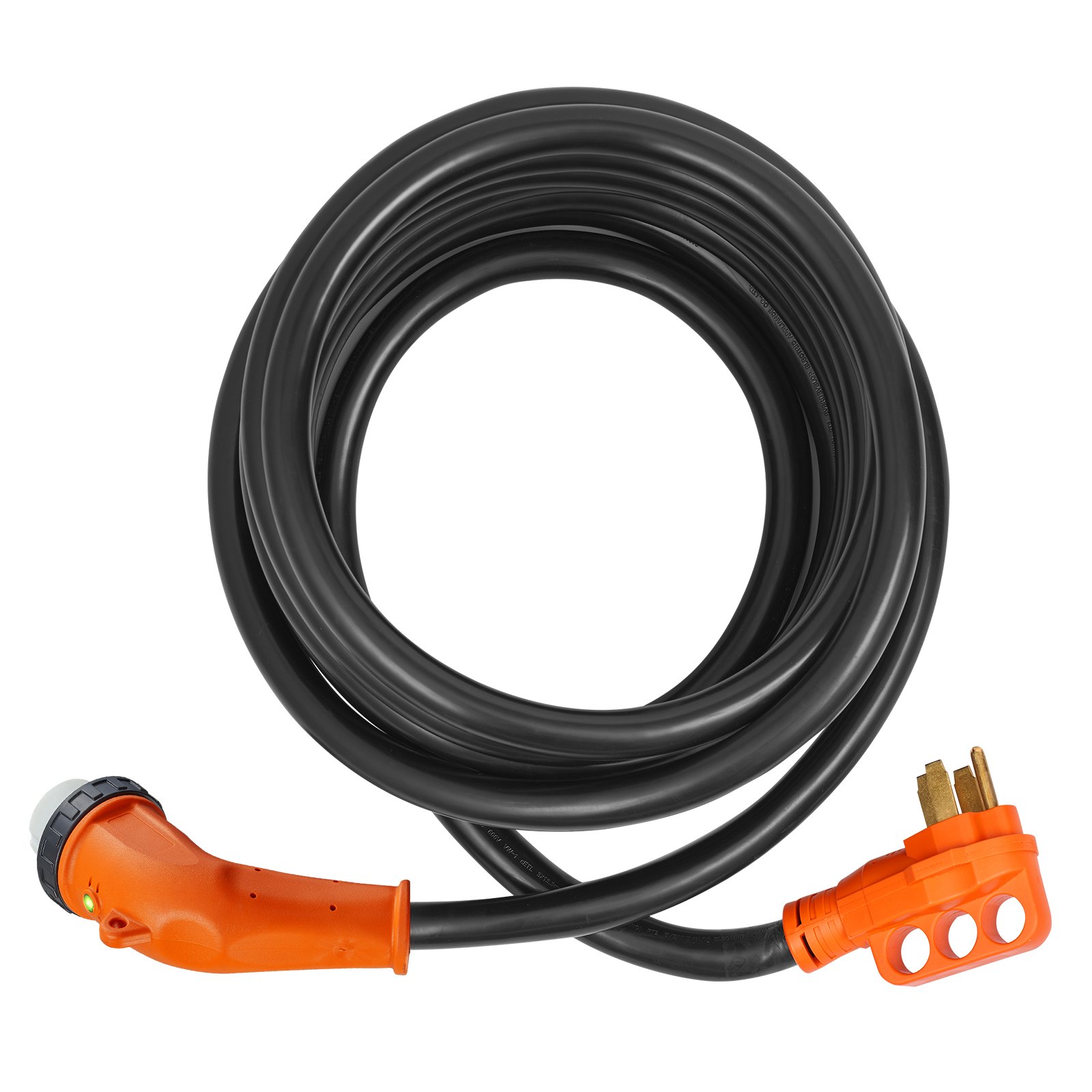 Cable de alimentación VEVOR rv de 50 A en color negro, enrollado con extremos de enchufe y toma de color naranja.
