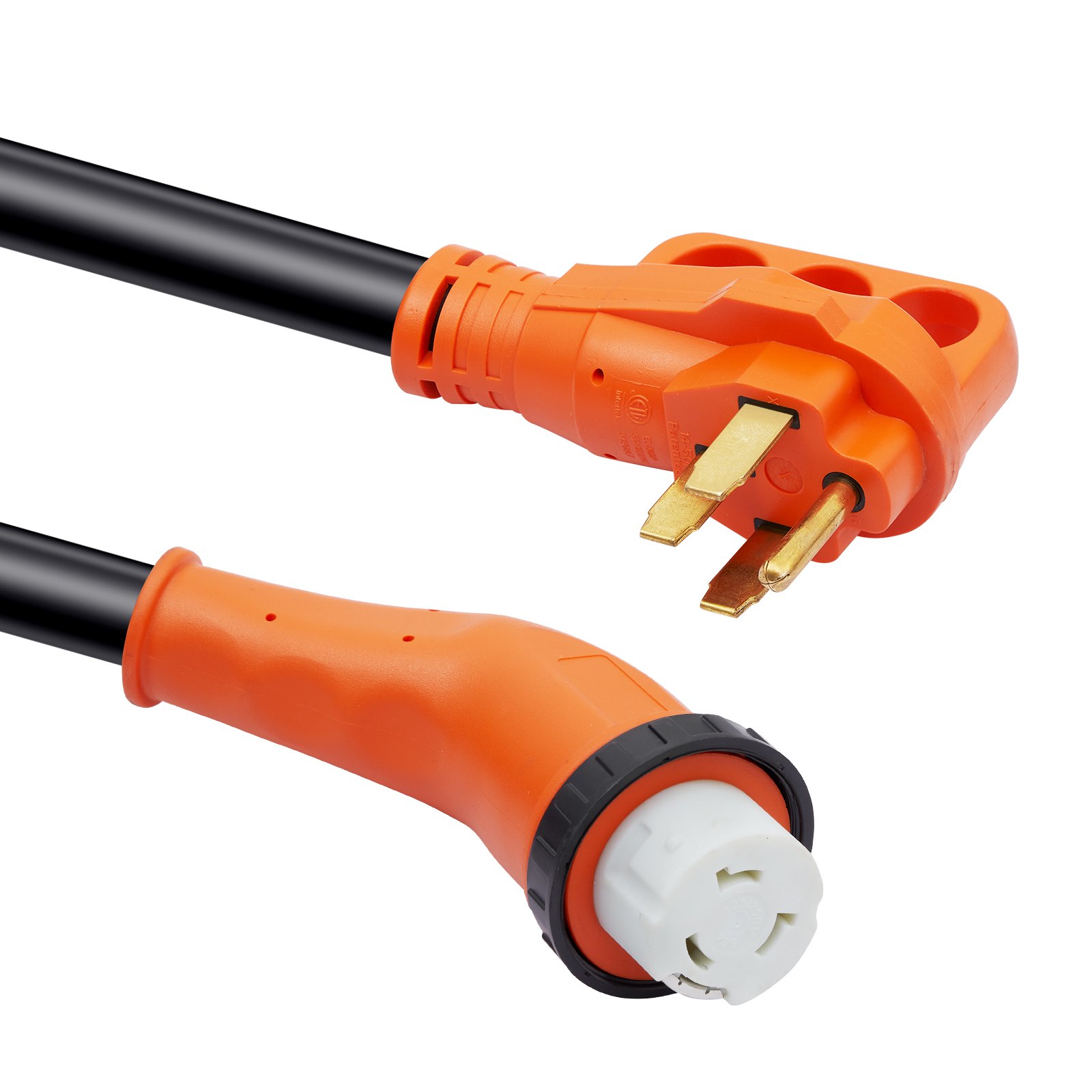 Cable de alimentación para RV VEVOR naranja de 50 A con extremos moldeados, agarre seguro y enchufe de 90 grados.