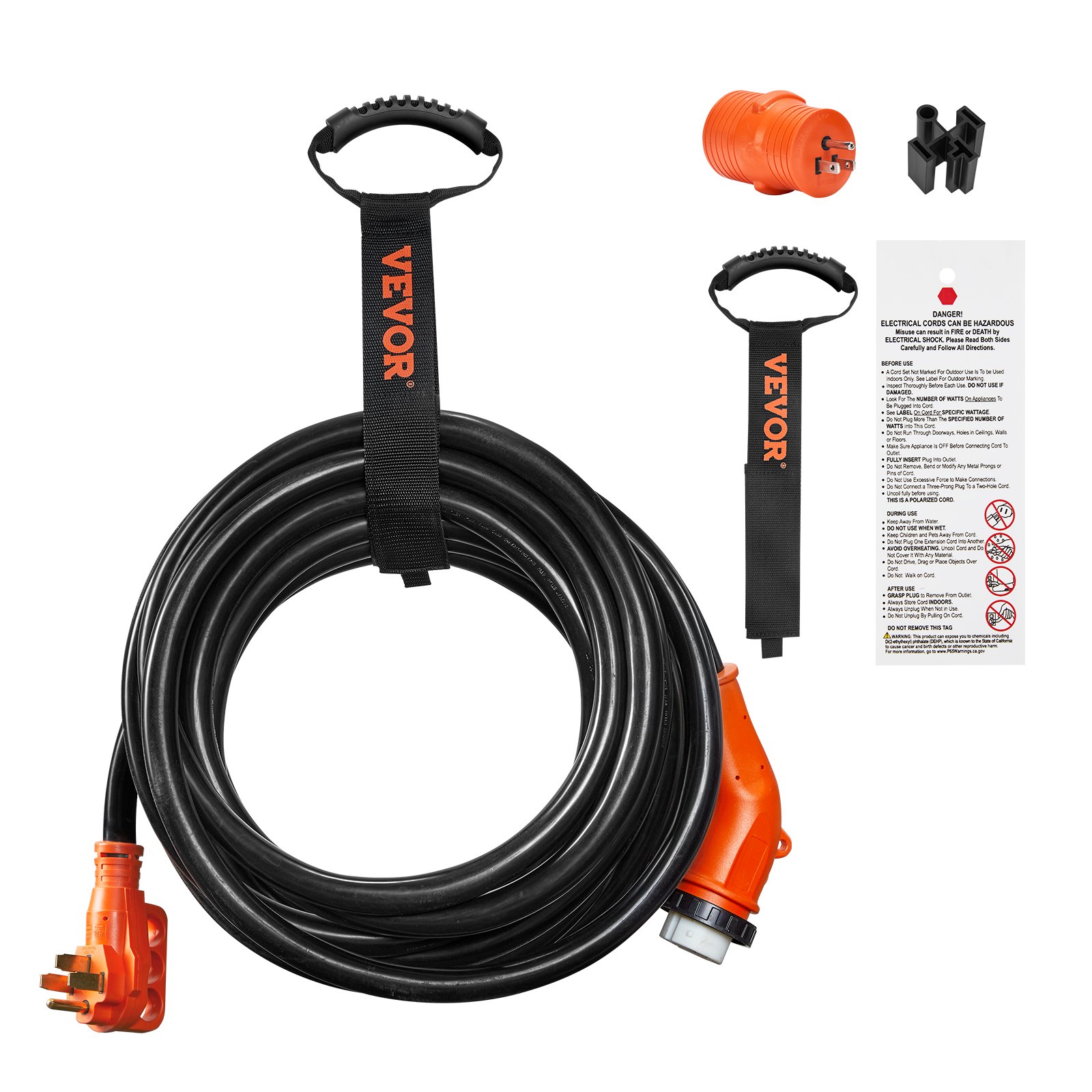 Cable de alimentación VEVOR rv de 50 A con enchufe naranja, cable negro, asas de transporte e instrucciones de seguridad.