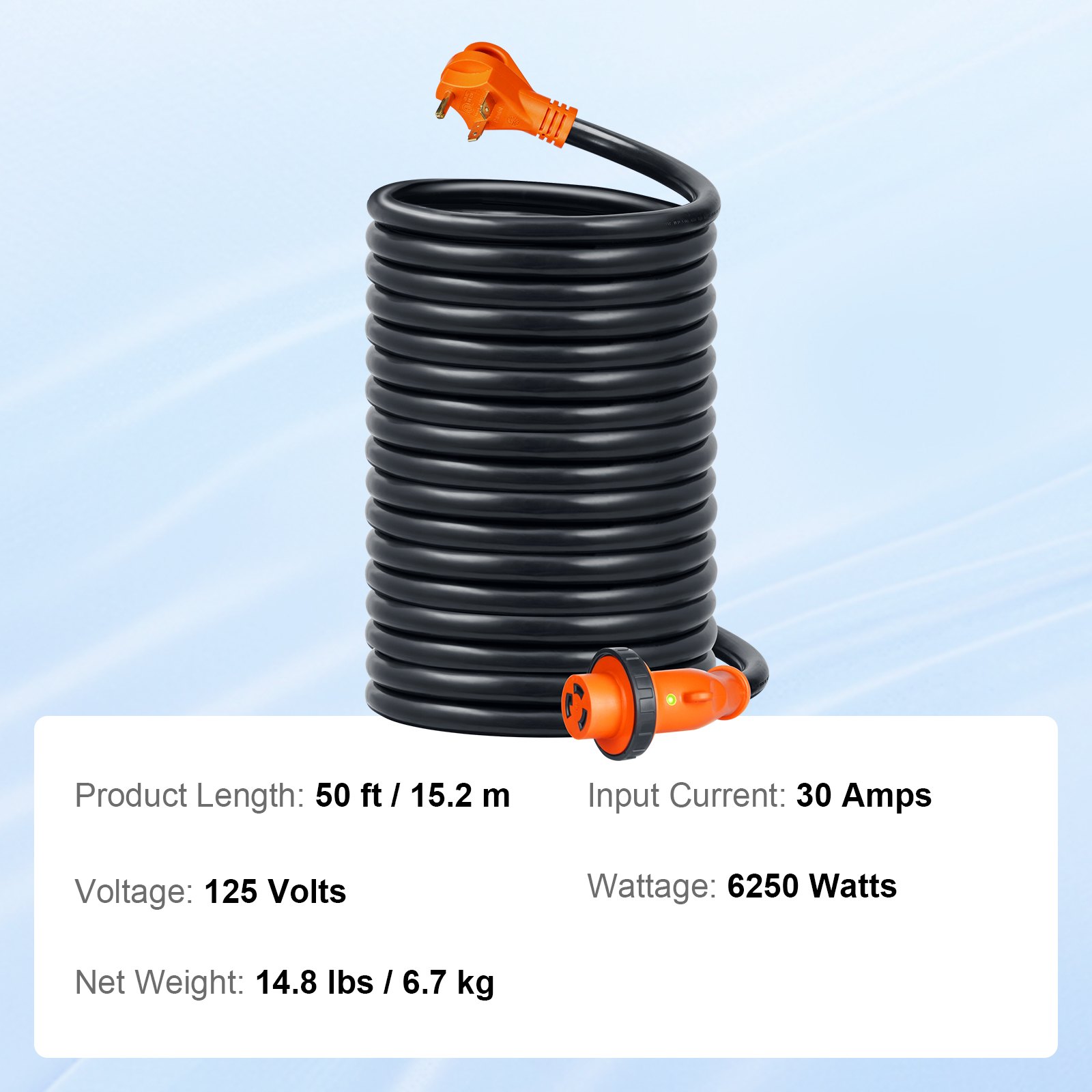 VEVOR Cable de alimentación para RV de 50 pies, 30 A, cable generador STW 3*10 AWG resistente, enchufe hembra NEMA TT-30P macho NEMA L5-30R, con mango indicador LED, adaptador de 15 A, para vehículos