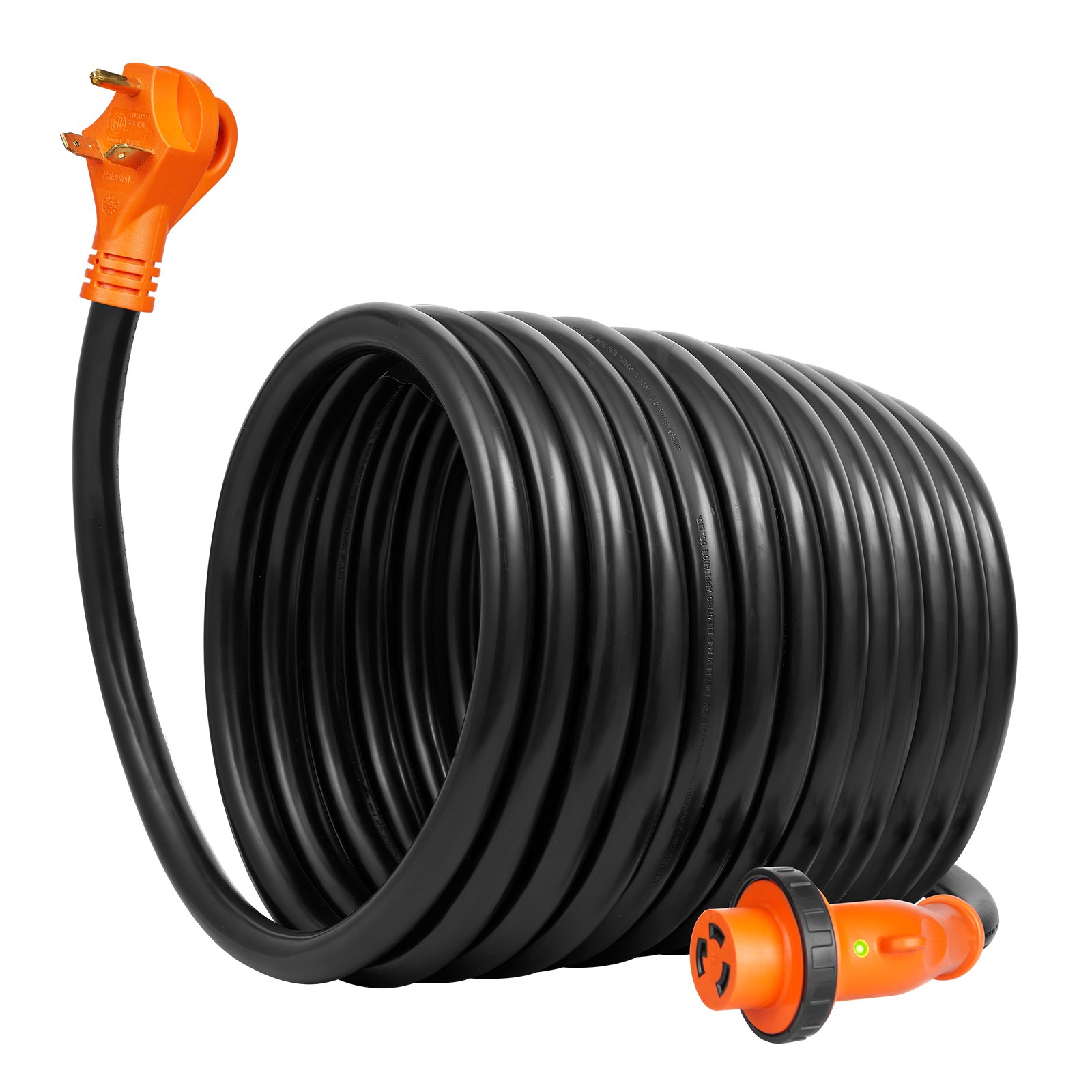 VEVOR Cable de alimentación para RV de 50 pies, 30 A, cable generador STW 3*10 AWG resistente, enchufe hembra NEMA TT-30P macho NEMA L5-30R, con mango indicador LED, adaptador de 15 A, para vehículos