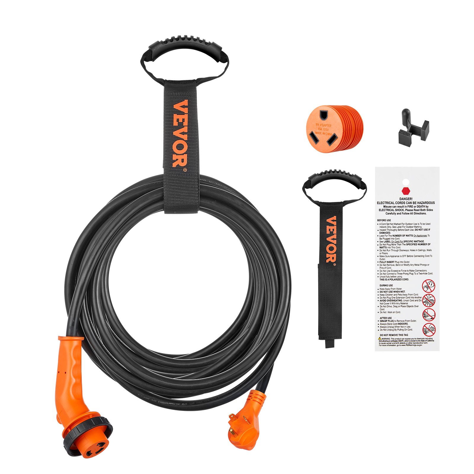 VEVOR Cable de alimentación para RV de 50 pies, 30 A, cable generador STW 3*10 AWG resistente, enchufe hembra NEMA TT-30P macho NEMA L5-30R, con mango indicador LED, adaptador de 15 A, para vehículos