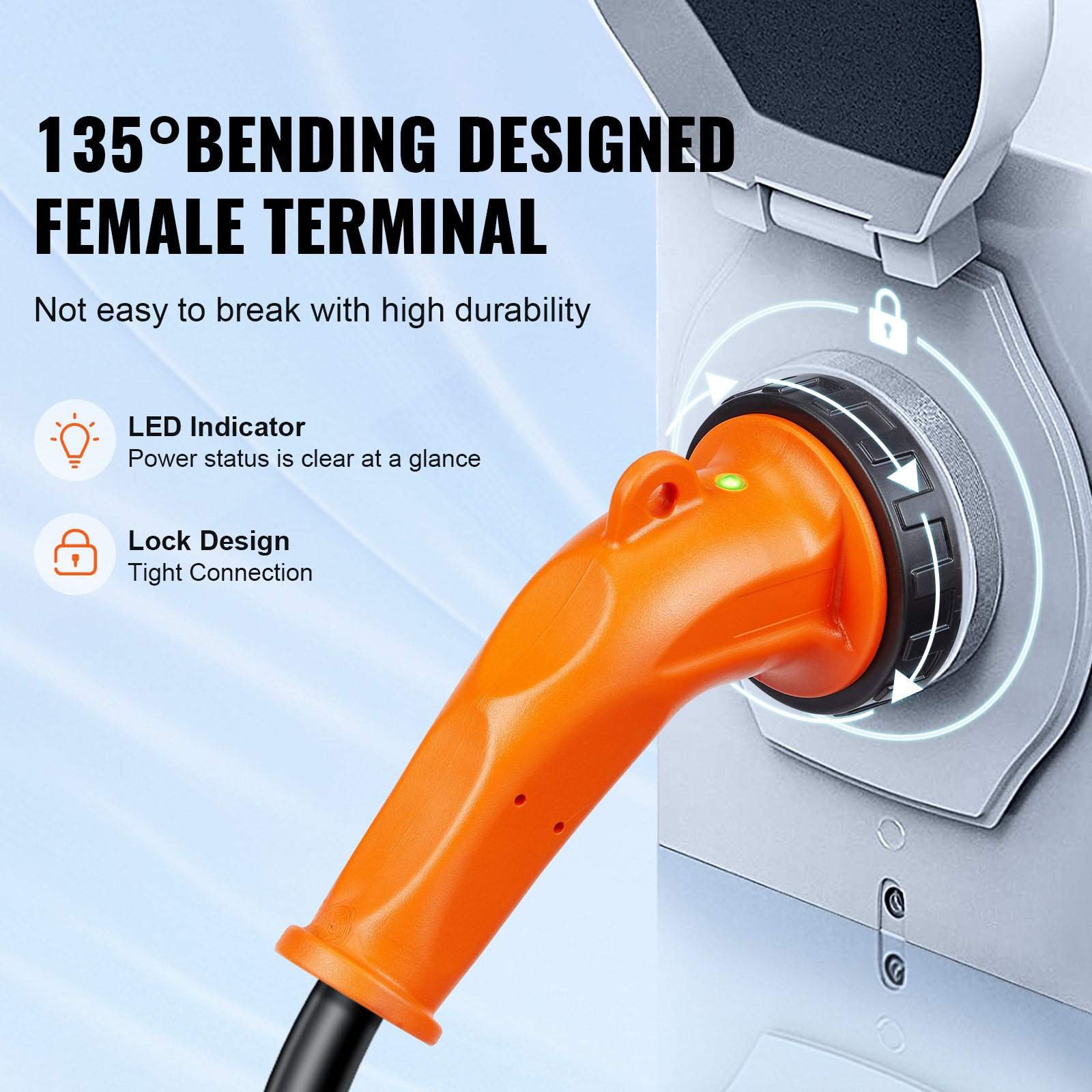 Cable de alimentación VEVOR rv con curva de 135 grados, indicador LED y diseño de bloqueo para una conexión segura.