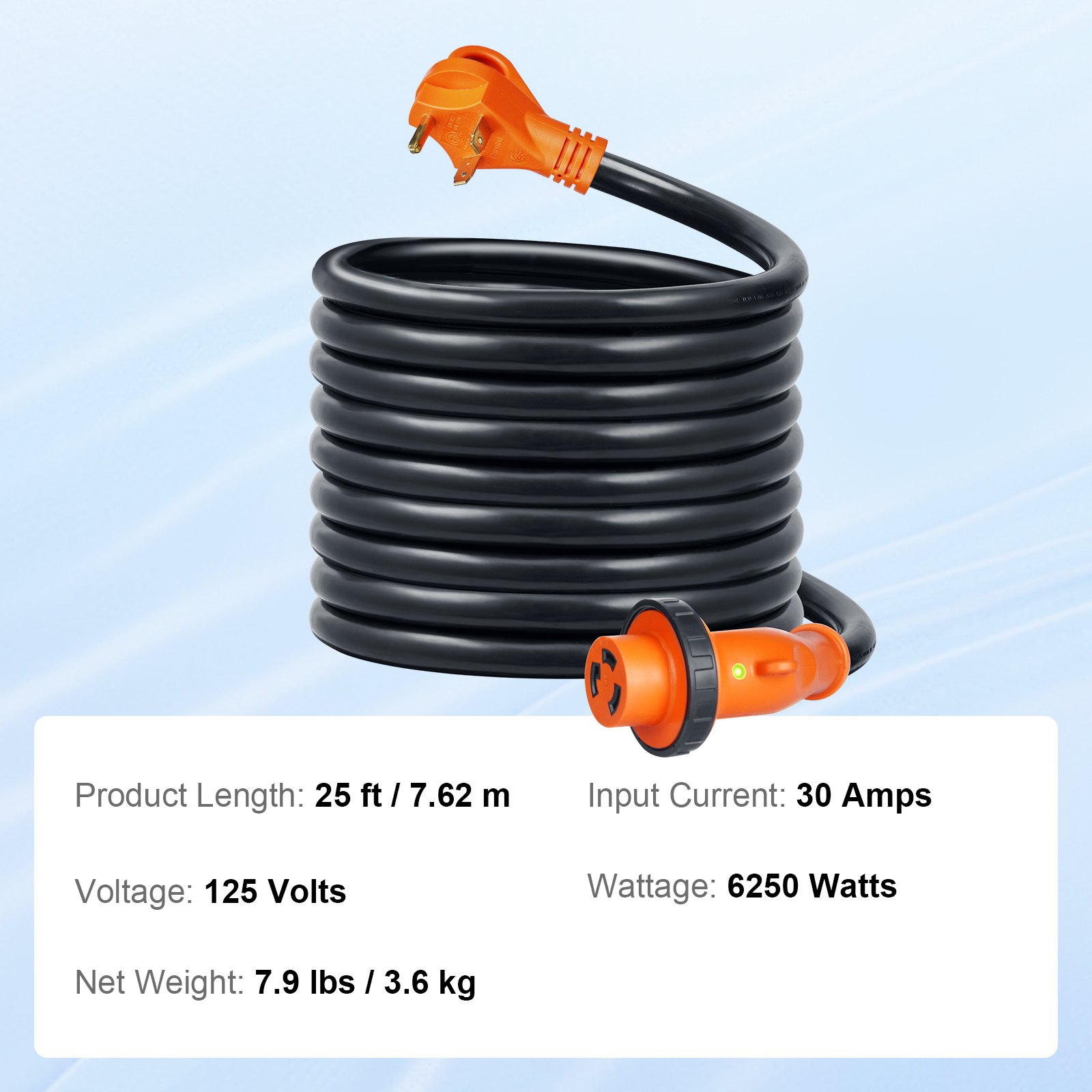Cable de alimentación VEVOR para vehículos recreativos, enrollado en negro, con conectores naranjas, 25 pies, 30 amperios, 125 voltios, 6250 vatios.