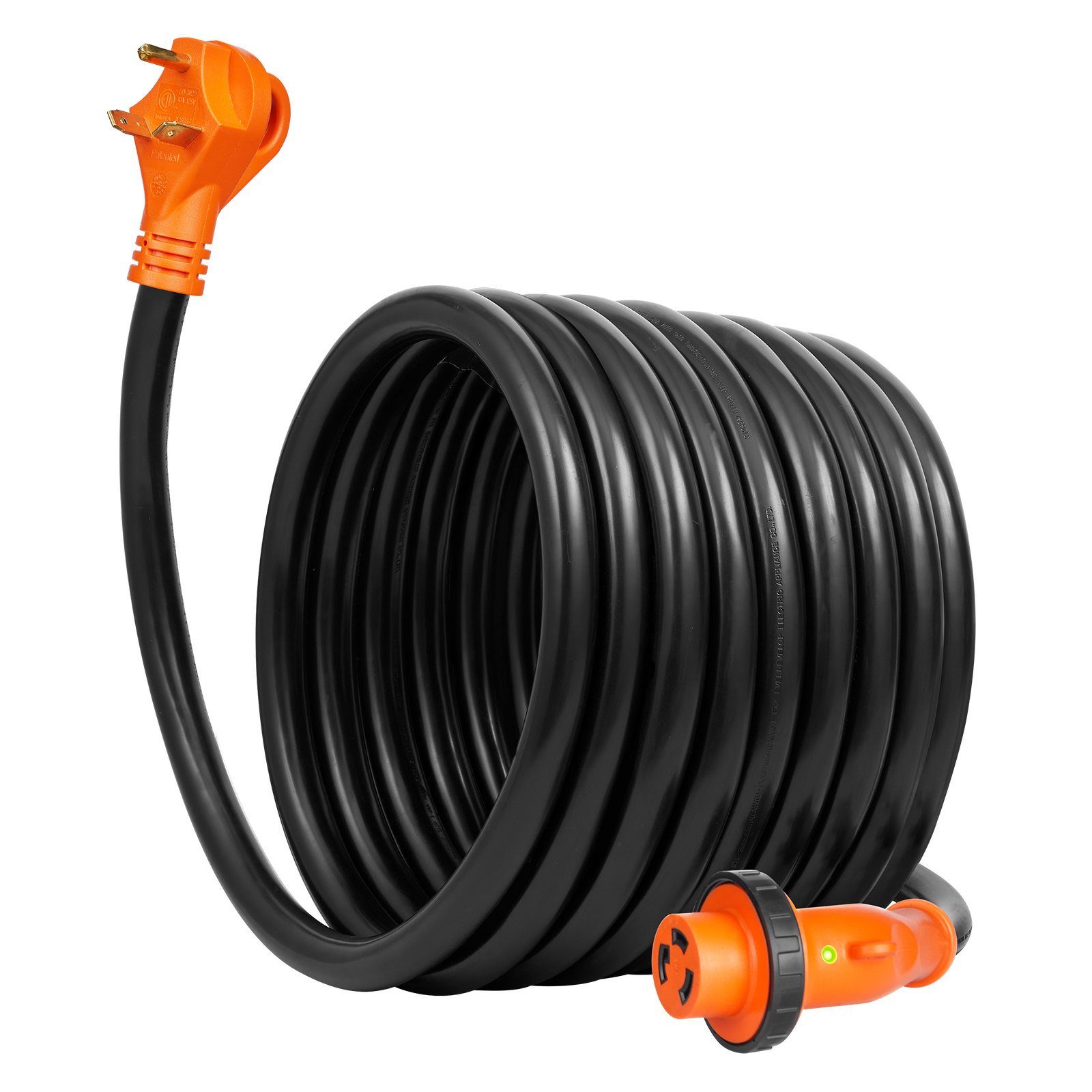 Cable de alimentación VEVOR rv, cable negro enrollado con enchufe y conector naranja.