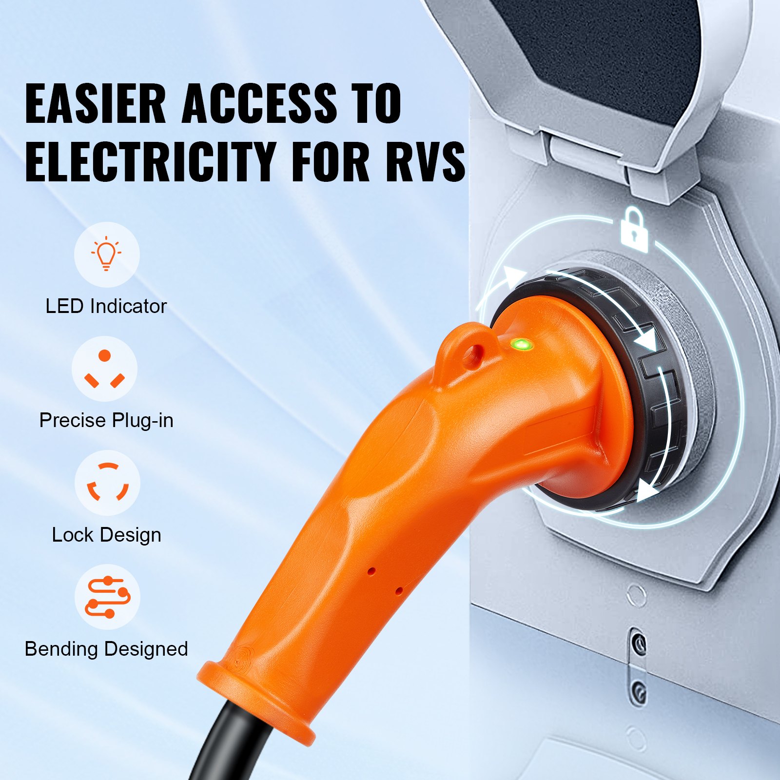 Enchufe naranja del cable de alimentación para vehículos recreativos VEVOR de 15 pies con diseño de bloqueo, indicador LED, enchufe preciso, diseño de flexión.