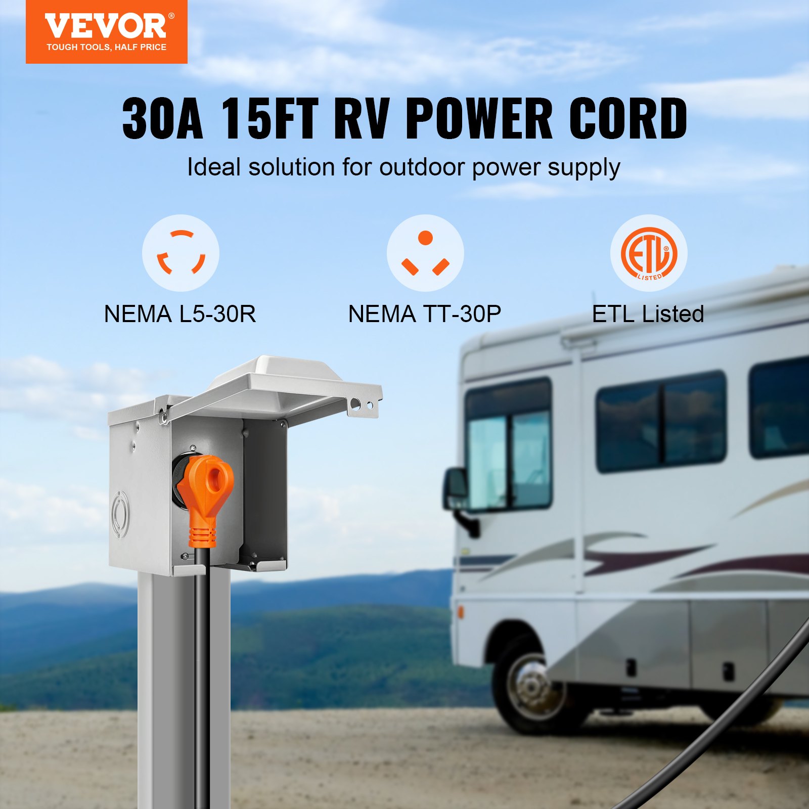 Cable de alimentación para vehículos recreativos VEVOR de 15 pies con NEMA L5-30R y TT-30P en uso cerca de un vehículo recreativo para suministro de energía al aire libre.