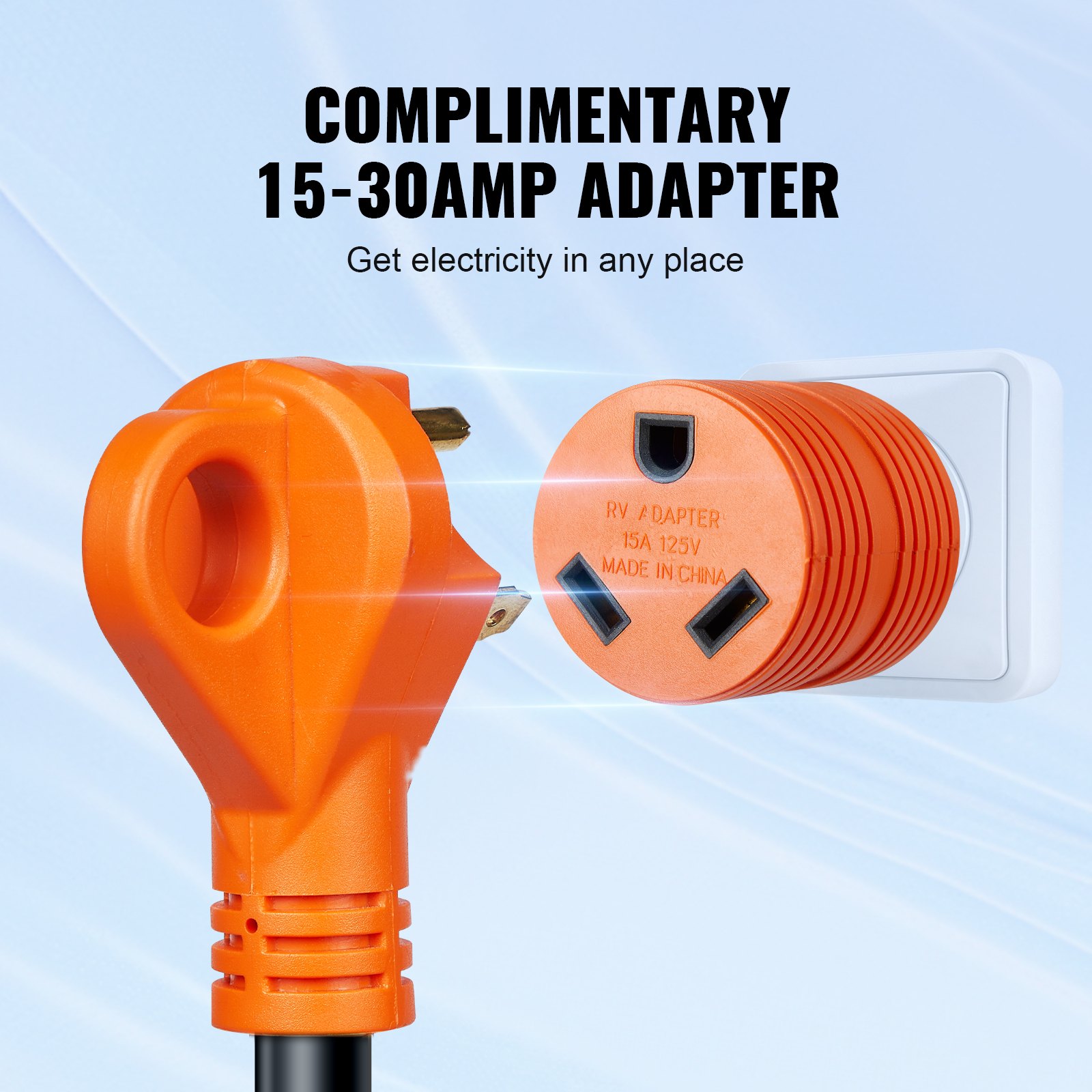 Cable de alimentación para vehículos recreativos VEVOR de 15 pies con adaptador complementario de 15 a 30 amperios para una conectividad eléctrica versátil.