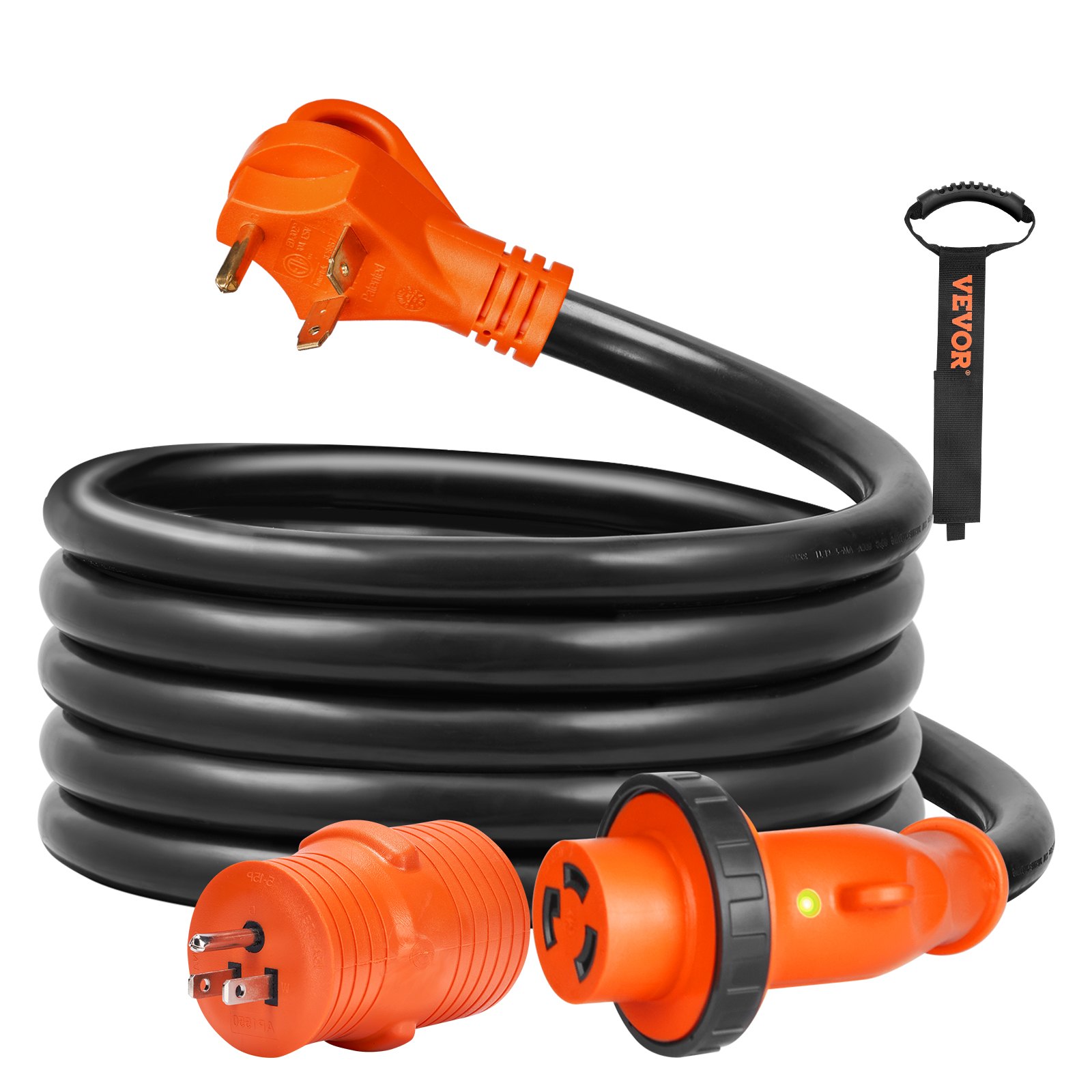 Cable de alimentación para RV VEVOR de 15 pies en color negro y naranja con conectores y correa