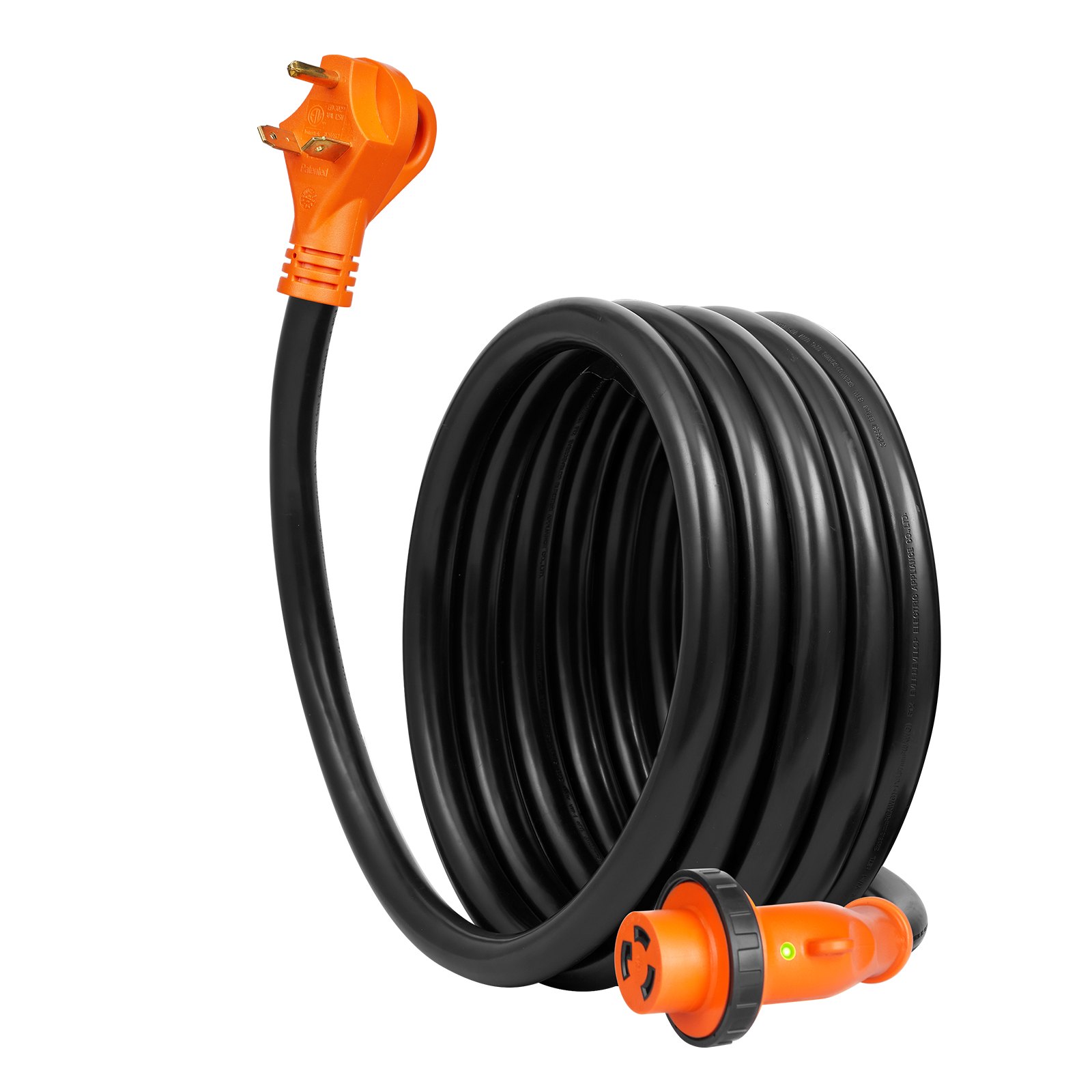 Cable de alimentación para RV VEVOR de 15 pies en espiral negro con conectores naranjas en ambos extremos.