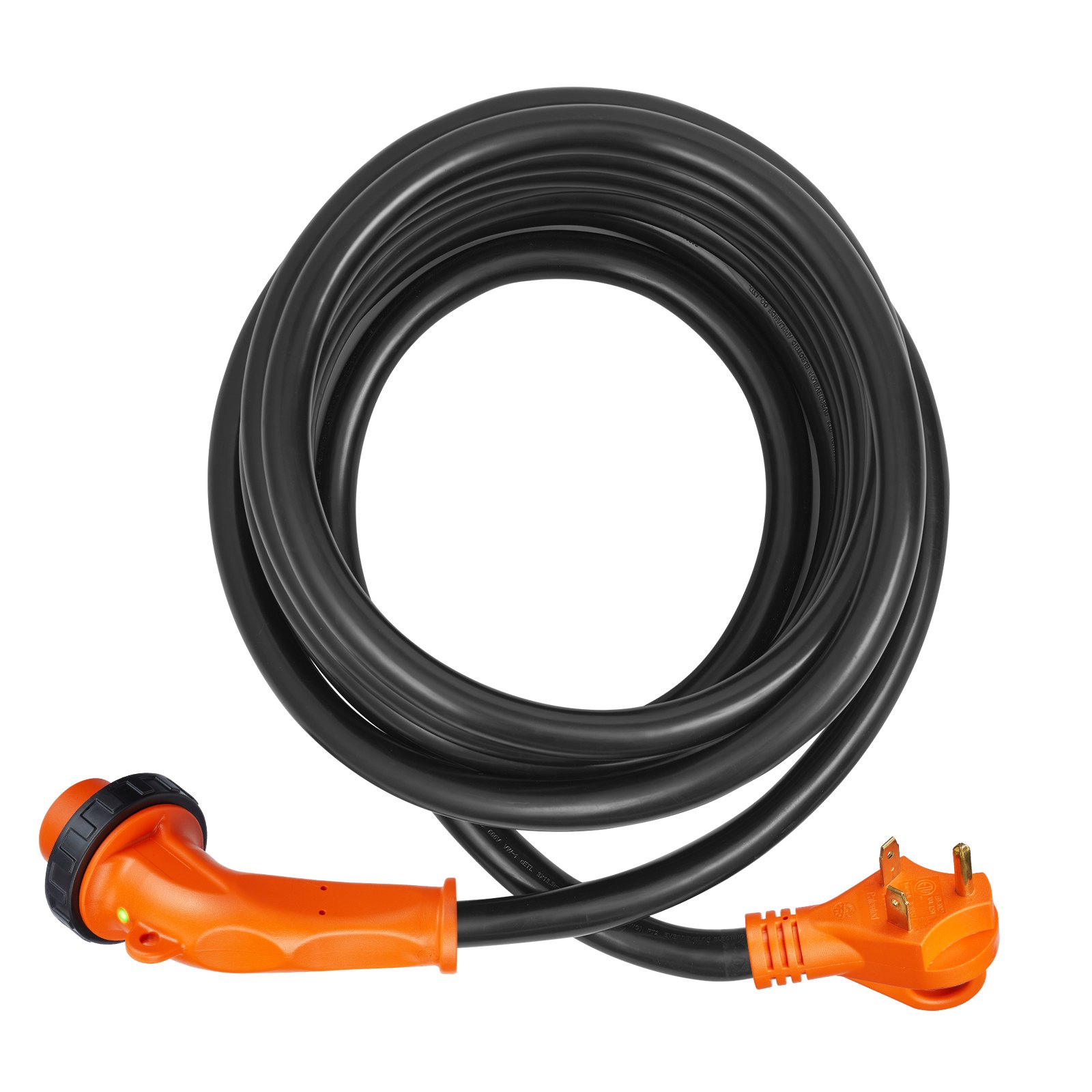 Cable de alimentación para RV VEVOR de 15 pies con enchufes naranjas y cable negro enrollado.