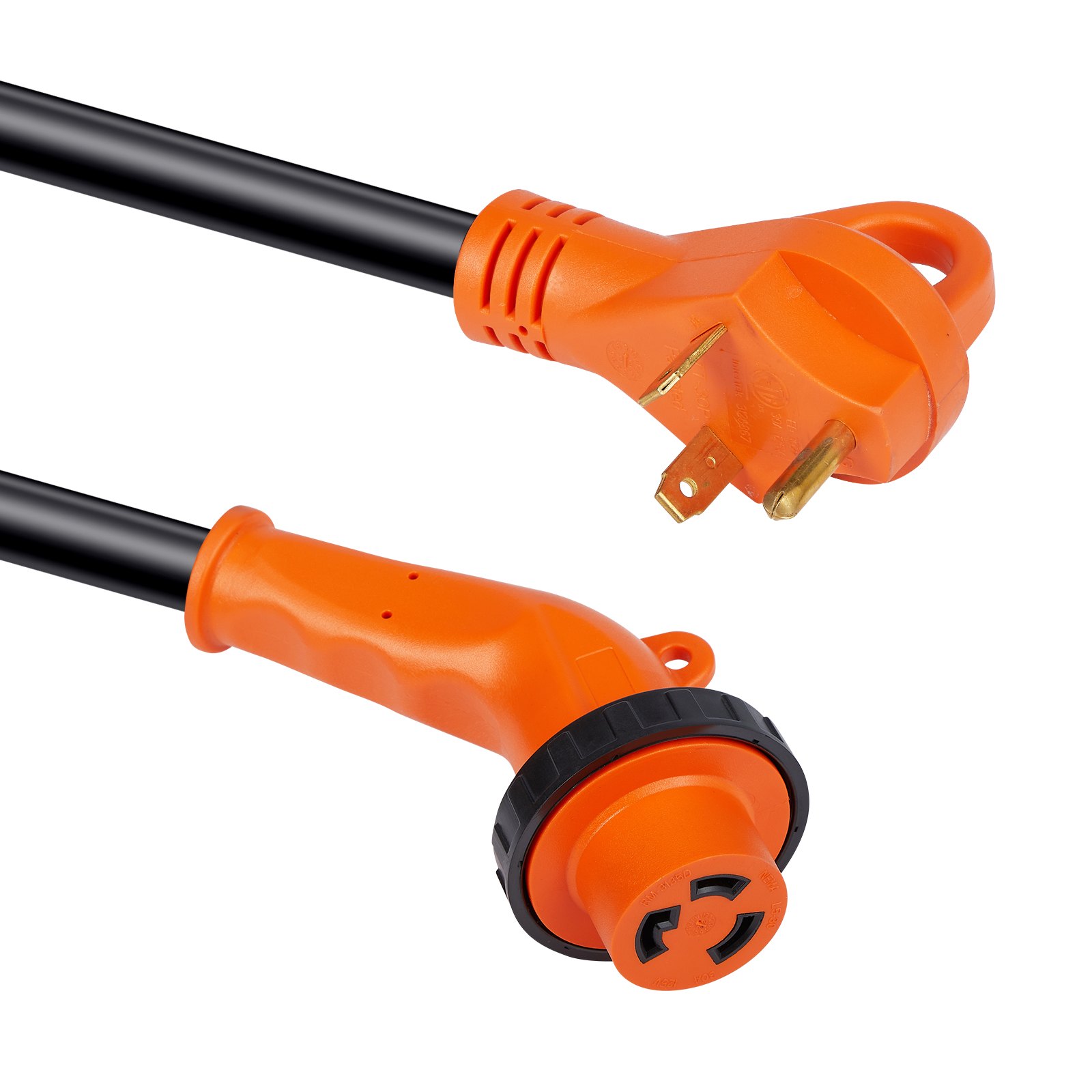 Cable de alimentación para RV VEVOR naranja de 15 pies con cable negro, enchufe NEMA 14-50p y manija de agarre.