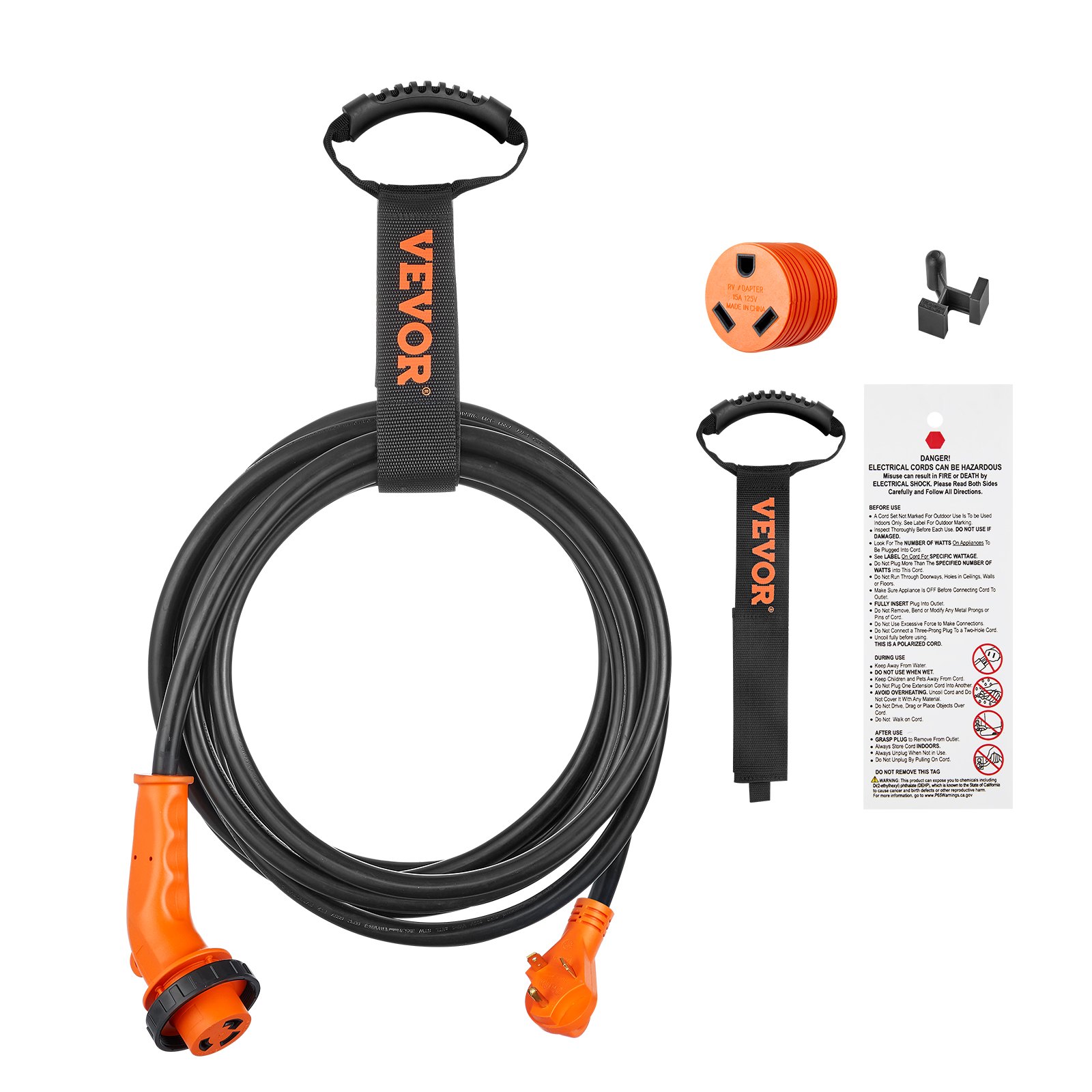 Cable de alimentación para RV VEVOR de 15 pies con conectores naranjas, correa de transporte, adaptador y manual de instrucciones.