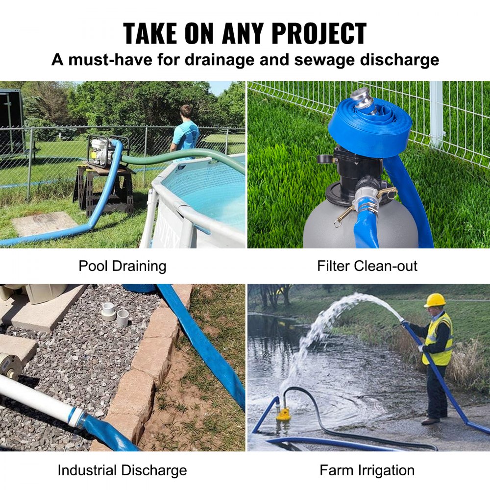 Manguera de drenaje para piscina VEVOR, 2 pulgadas por 50 pies, material de PVC duradero, incluye conectores y abrazaderas Camlock C y E de aluminio, compatible con bombas y filtros de arena, ideal para la extracción de agua de la piscina, azul