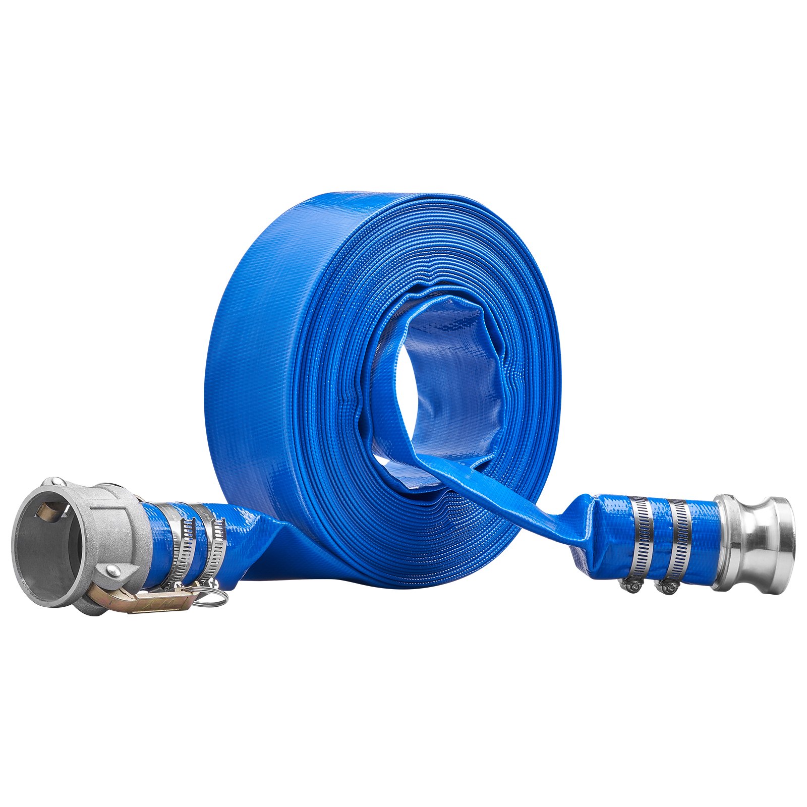 VEVOR Manguera de retrolavado, 2 pulgadas x 50 pies, manguera de descarga de piscina plana de PVC resistente con accesorios Camlock C y E de aluminio, abrazaderas, compatible con bombas, filtros de arena, para drenaje de aguas residuales de piscinas, azul