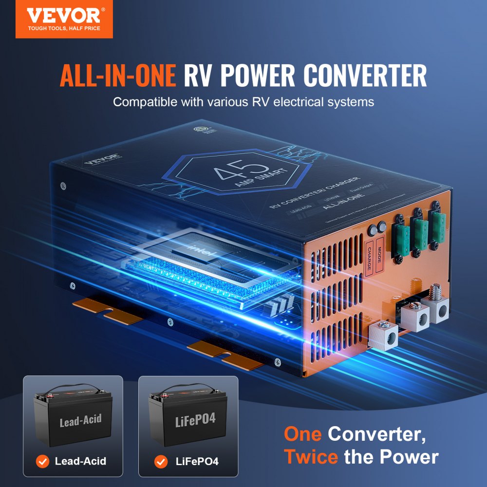 Convertidor VEVOR para vehículos recreativos, 45 A, 110 V CA a 12 V CC, cargador de batería con carga inteligente de 4 etapas, rango de funcionamiento ajustable de 13 V a 16,5 V, compatible con baterías de litio, plomo y ácido, ETL