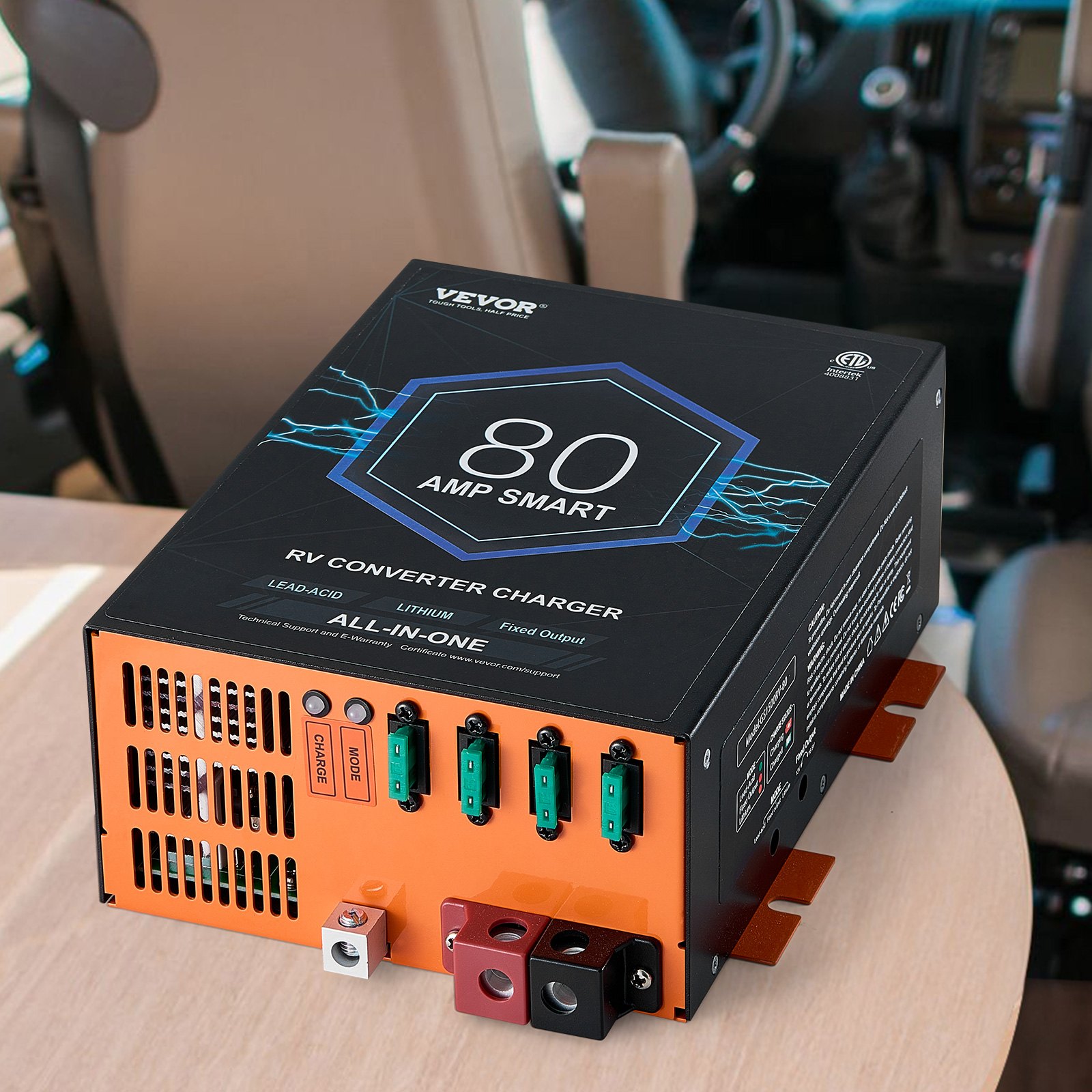 Convertidor VEVOR para vehículos recreativos, 80 A, 110 V CA a 12 V CC, cargador de batería con carga inteligente de 4 etapas, rango de funcionamiento ajustable de 13 V a 16,5 V, compatible con baterías de plomo-ácido de litio, ETL