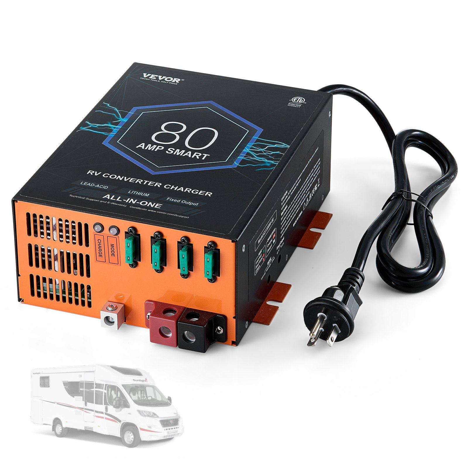 Convertidor VEVOR para vehículos recreativos, 80 A, 110 V CA a 12 V CC, cargador de batería con carga inteligente de 4 etapas, rango de funcionamiento ajustable de 13 V a 16,5 V, compatible con baterías de plomo-ácido de litio, ETL