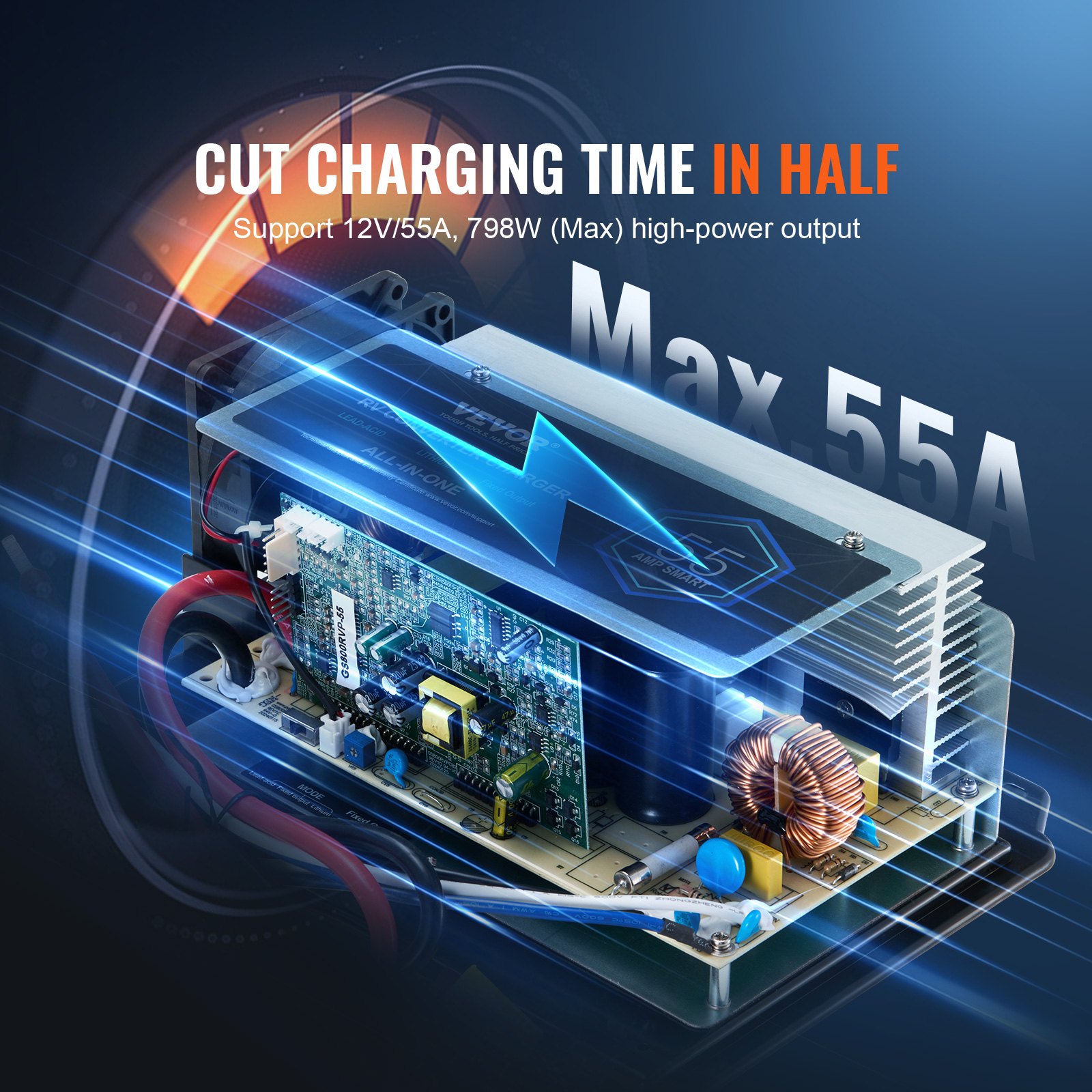 Conjunto de placa base VEVOR WF-8955-AD-MBA, 55 A, unidad de repuesto para convertidor de potencia de RV de tres etapas, compatible con baterías de litio-plomo-ácido, compatible con convertidores de las series WF-8955, Parallax 7145 y 7145