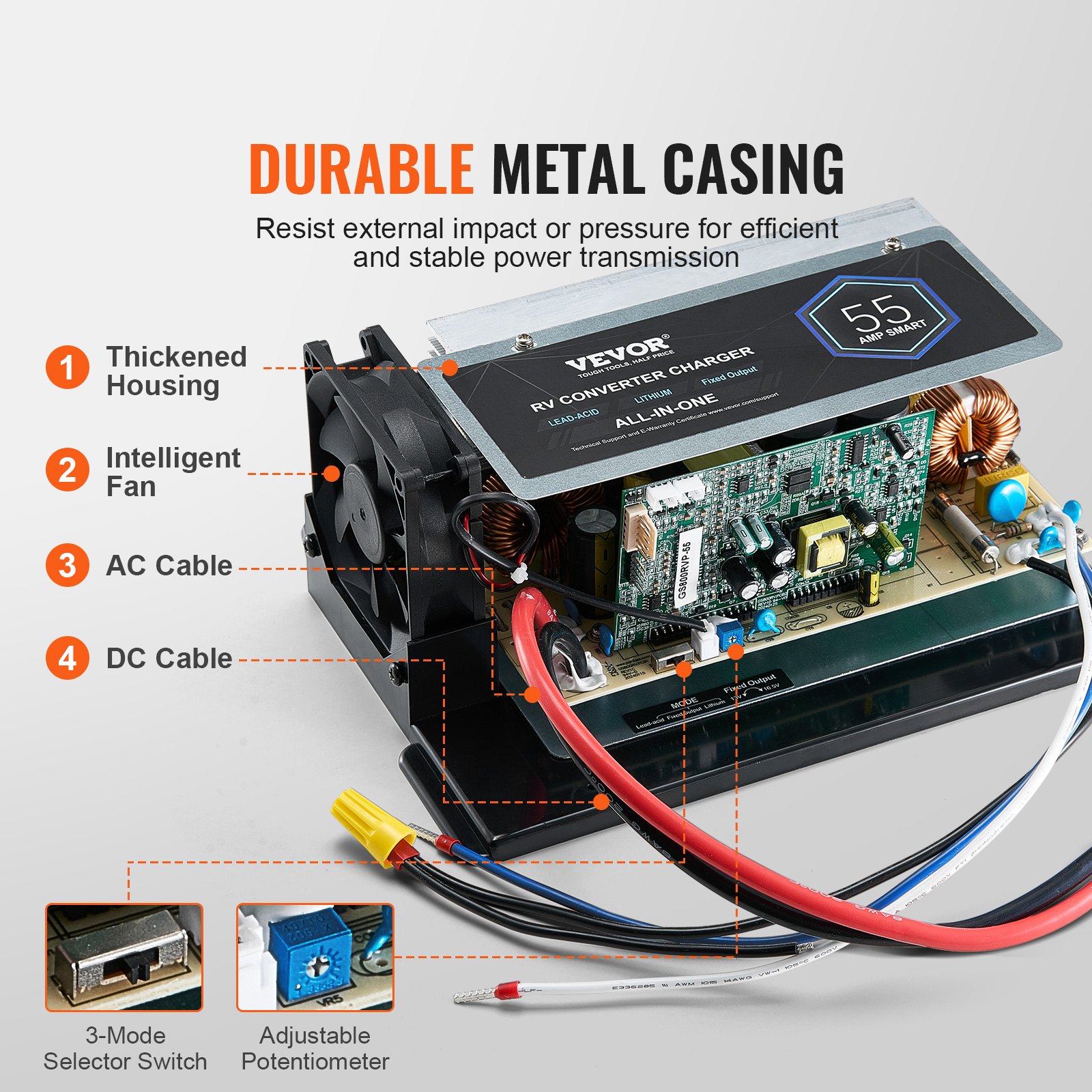 Conjunto de placa base VEVOR WF-8955-AD-MBA, 55 A, unidad de repuesto para convertidor de potencia de RV de tres etapas, compatible con baterías de litio-plomo-ácido, compatible con convertidores de las series WF-8955, Parallax 7145 y 7145