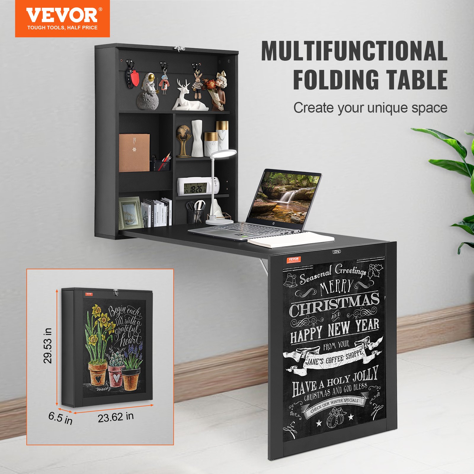 Escritorio multifuncional VEVOR montado en la pared con estantes, computadora portátil, elementos de decoración y pizarra con temática navideña.