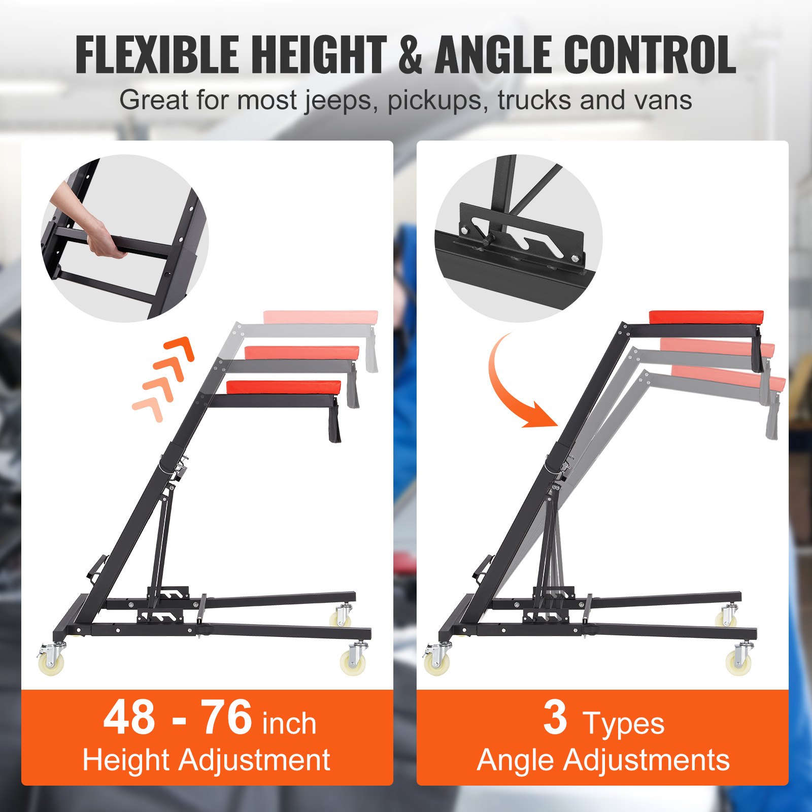 Camilla superior para automóvil VEVOR con altura ajustable de 48 a 76 pulgadas y tres configuraciones de ángulo.