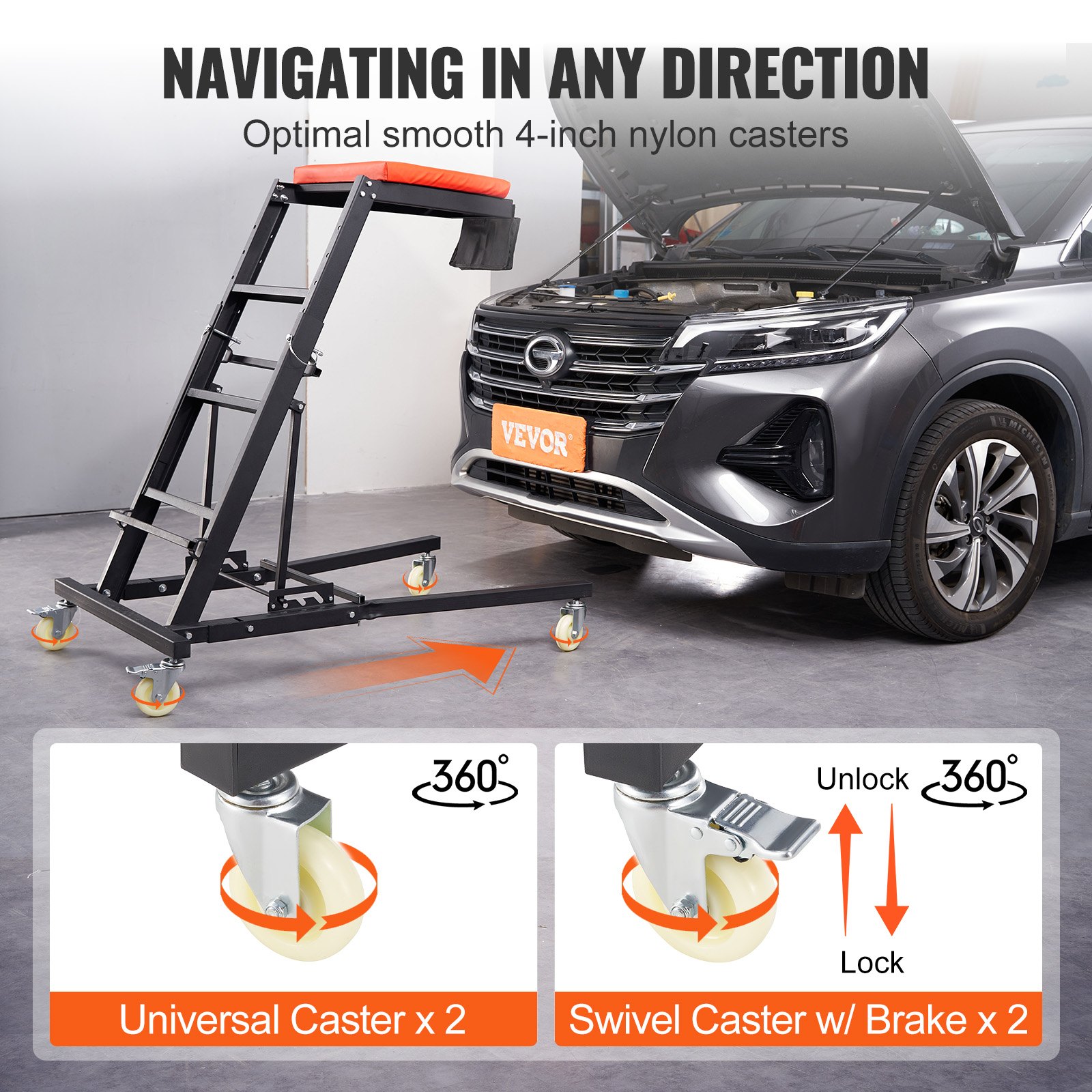 Camilla superior para automóvil VEVOR que presenta ruedas de nailon de 4 pulgadas para una navegación suave a lo largo del automóvil.