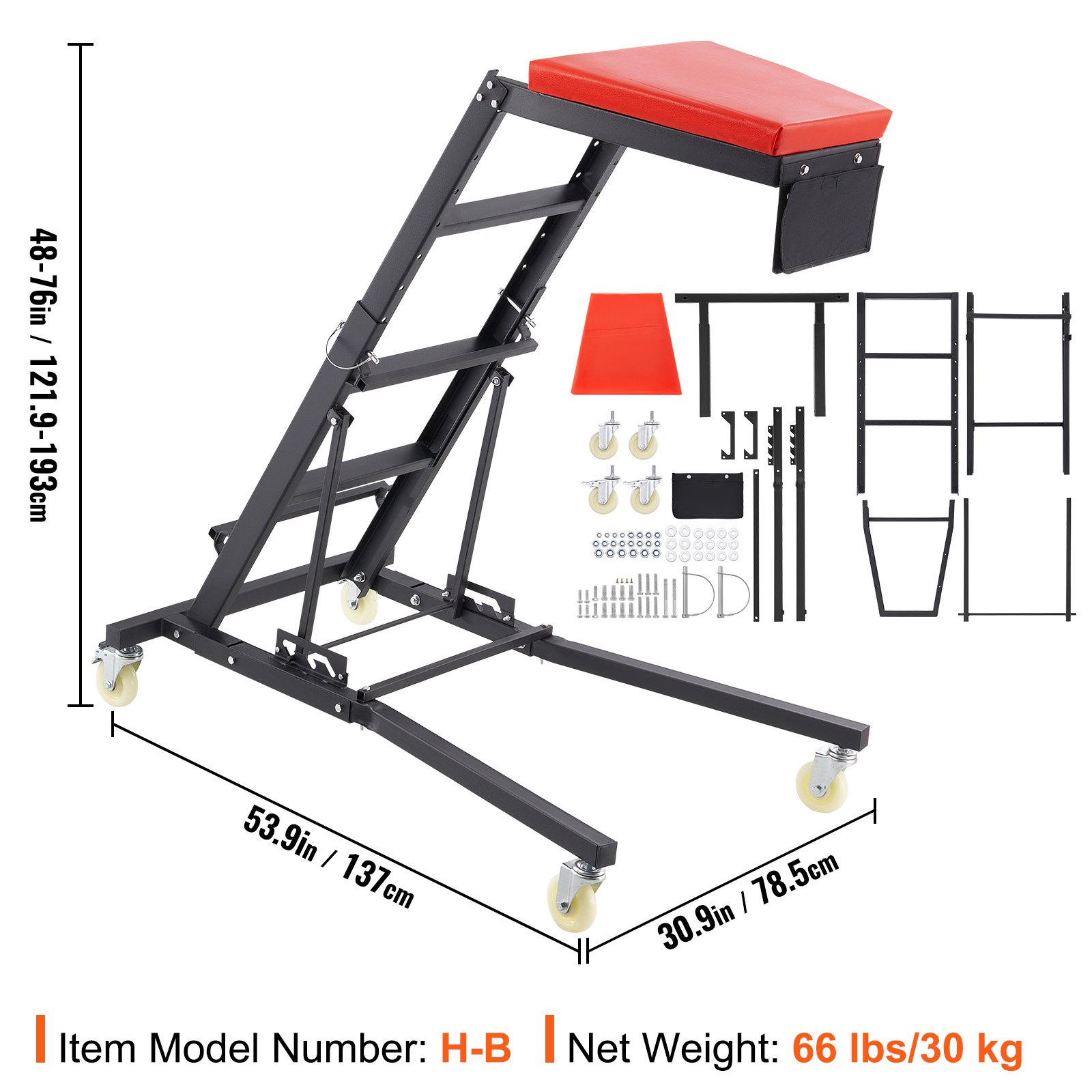 Carretilla elevadora para automóvil VEVOR con acolchado rojo, cuatro ruedas, altura ajustable y componentes de montaje.