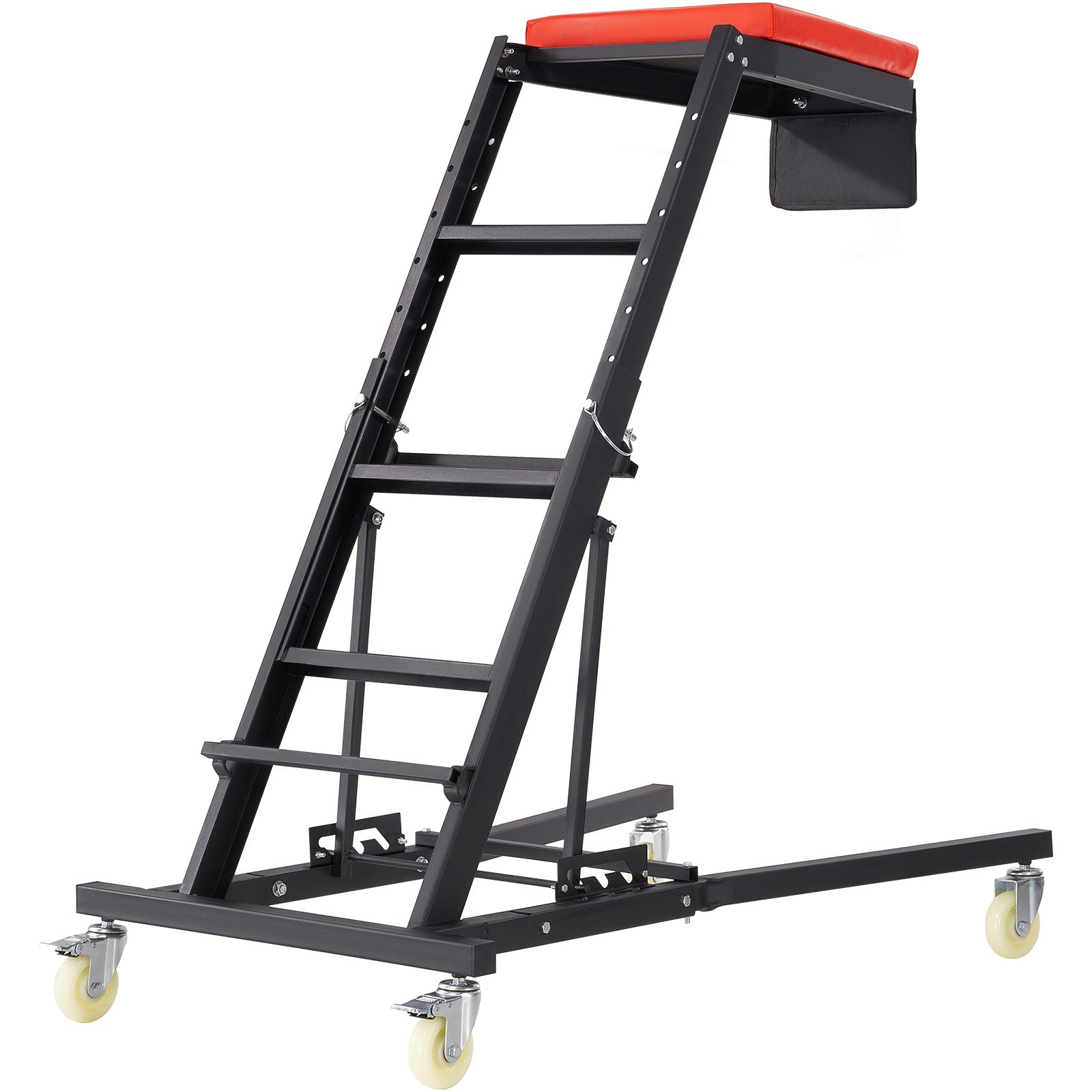 Carretilla elevadora para automóvil VEVOR, marco negro con parte superior acolchada en rojo, escalones ajustables y ruedas giratorias.