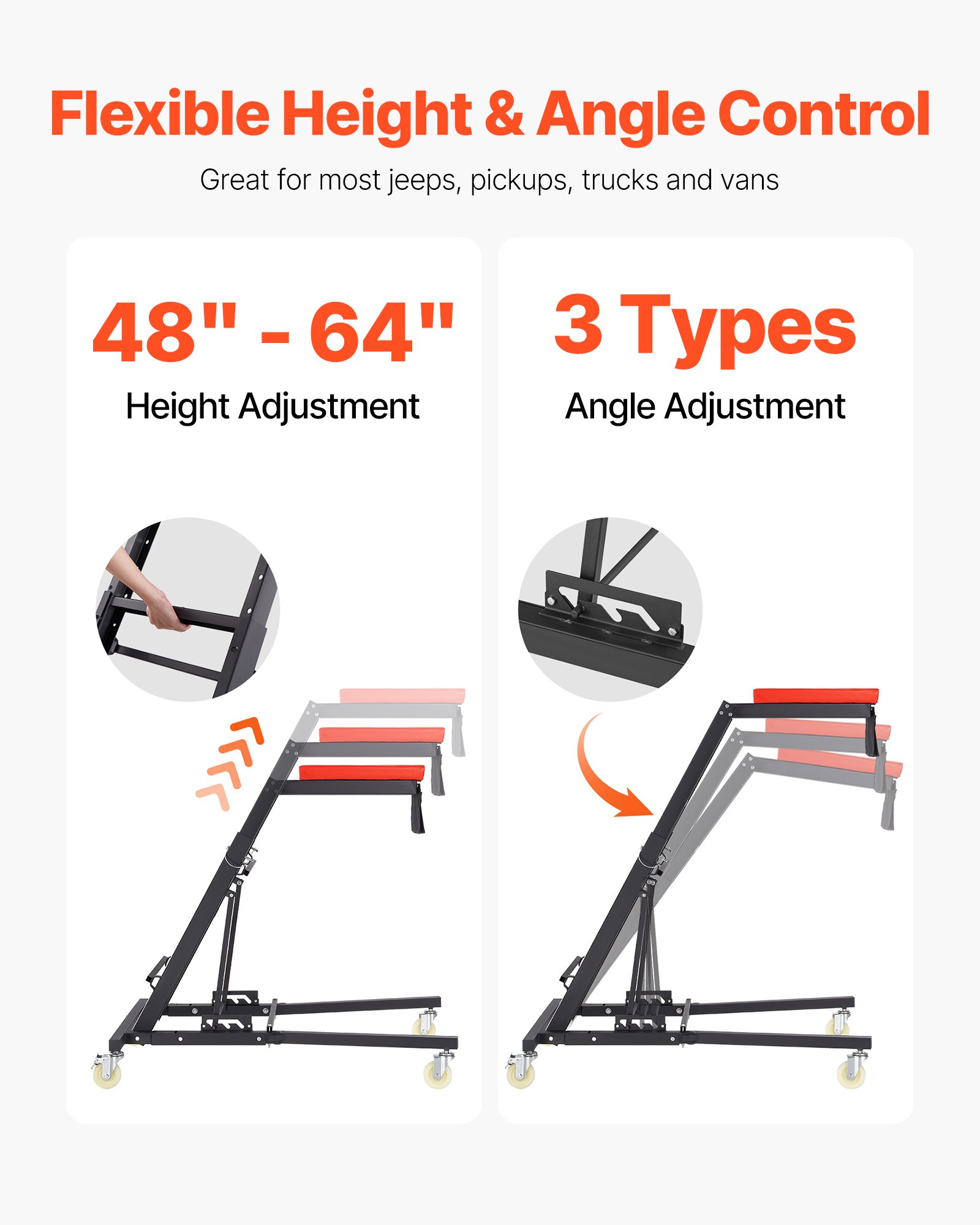 VEVOR Enredadera superior automotriz, enredadera de motor de 42.5 a 64.8 pulgadas, enredadera superior alta de 400 libras de capacidad, 4 ruedas giratorias, cubierta acolchada, enredadera plegable para el garaje del hogar, mantenimiento de reparación de talleres