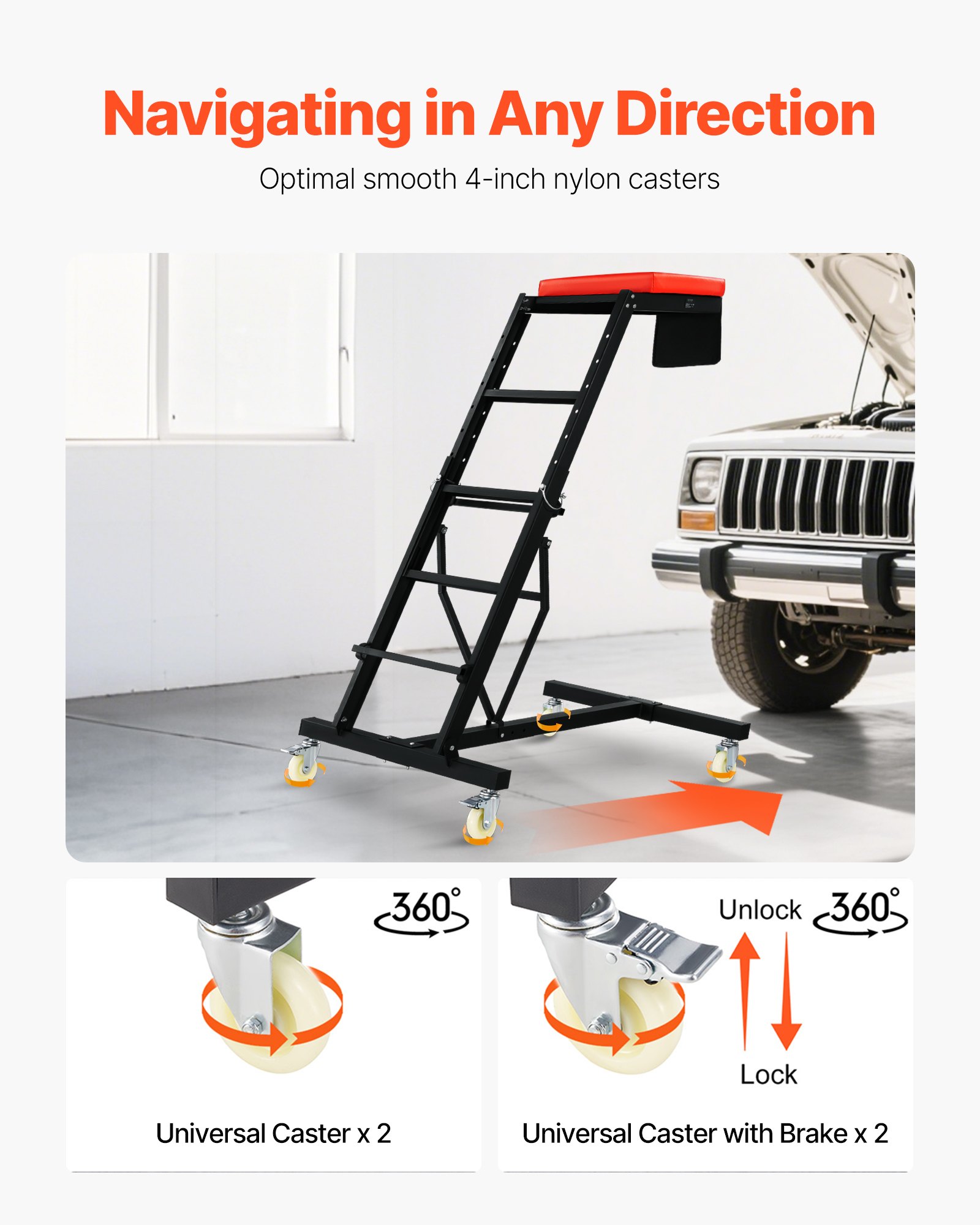 VEVOR Enredadera superior automotriz, con altura ajustable de 49.6" a 75.6", enredadera alta de capacidad de 400 libras, 4 ruedas giratorias, enredadera plegable resistente para reparación y mantenimiento de automóviles