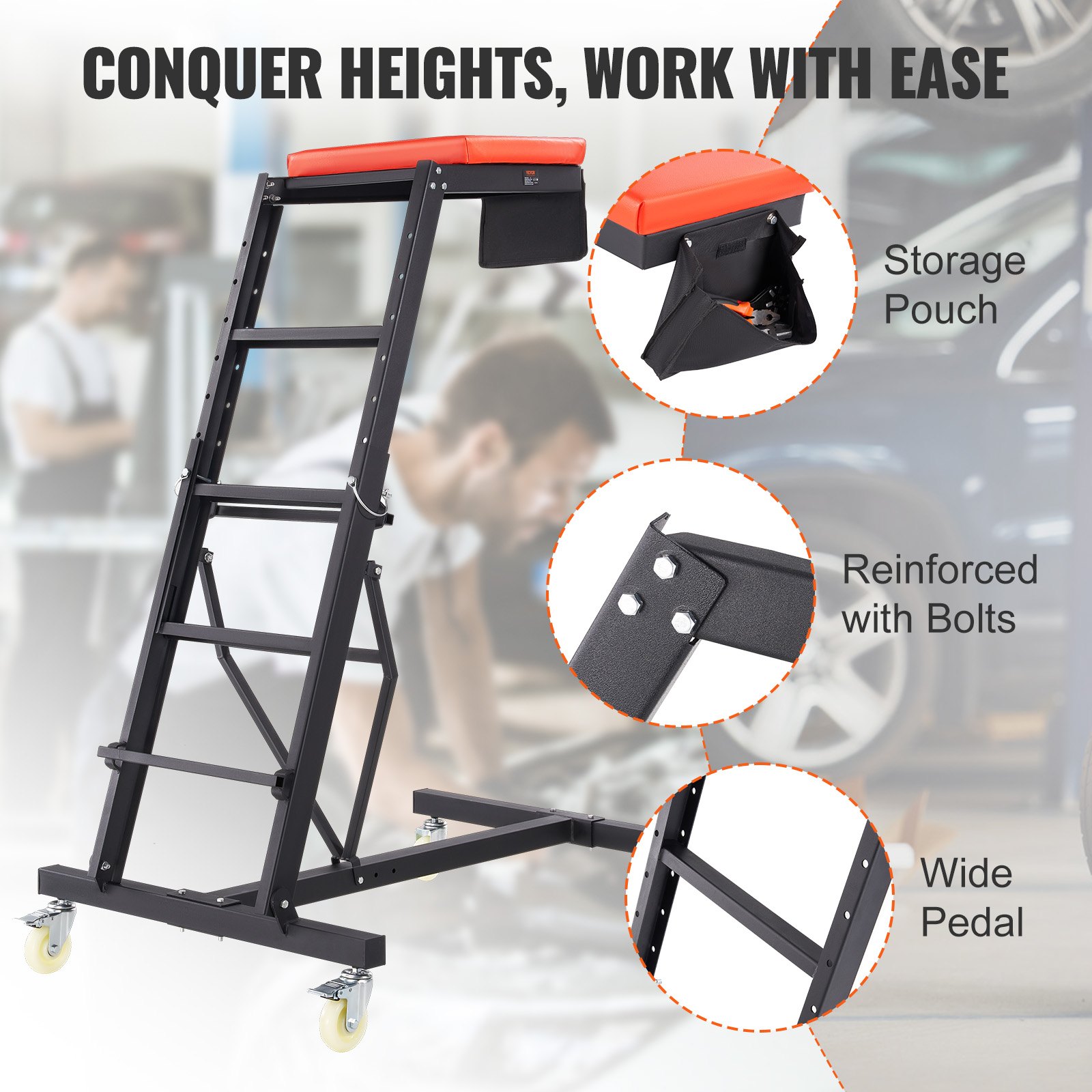 VEVOR Top Automotive Creeper, Enredadera de motor con altura ajustable de 45.7" a 66.3", Enredadera alta de capacidad de 400 libras, 4 ruedas giratorias, Enredadera plegable resistente para reparación y mantenimiento de automóviles