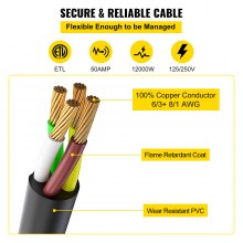 VEVOR Cable de generador resistente, cable de alimentación de generador de 10 pies, cable listado ETL de 50 amperios, cable negro de 12000 vatios, enchufe de generador SS2-50R, cable de extensión SS2-50P, cable de generador de 125/250 V con correa portátil
